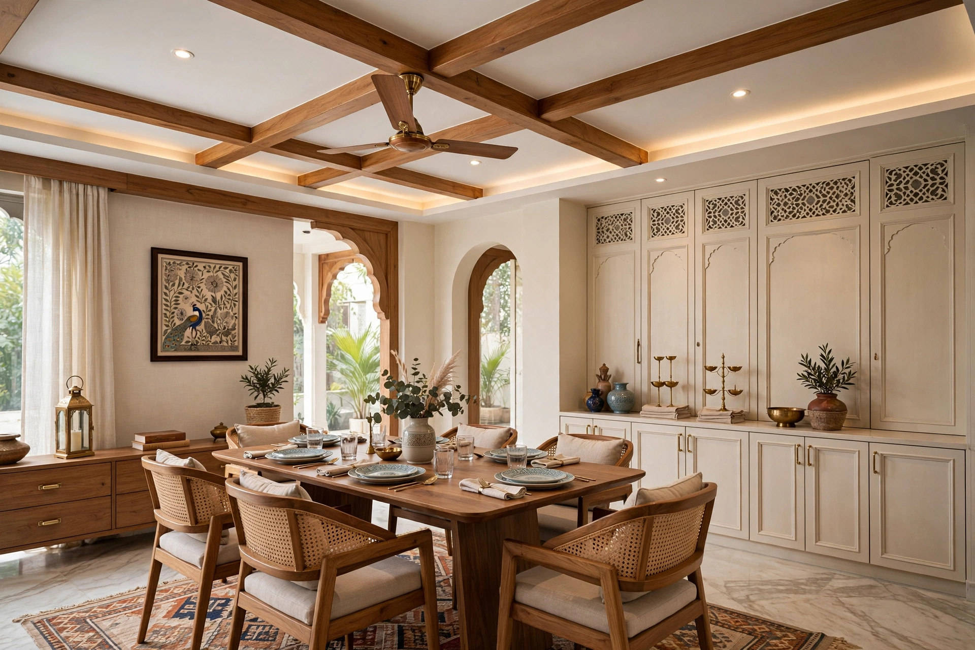 Dining area with a timber and POP combination ceiling