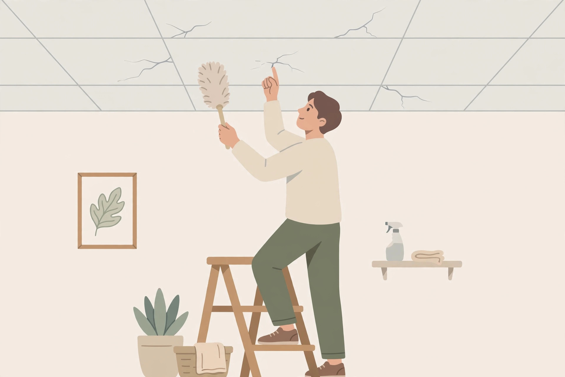 Illustration of maintaining a POP ceiling: checking for cracks and dusting