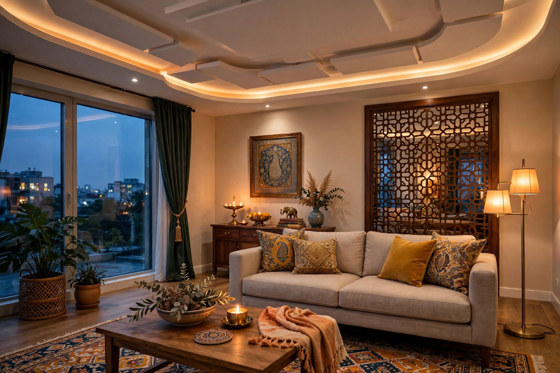 Elegant living room with a modern POP ceiling at dusk