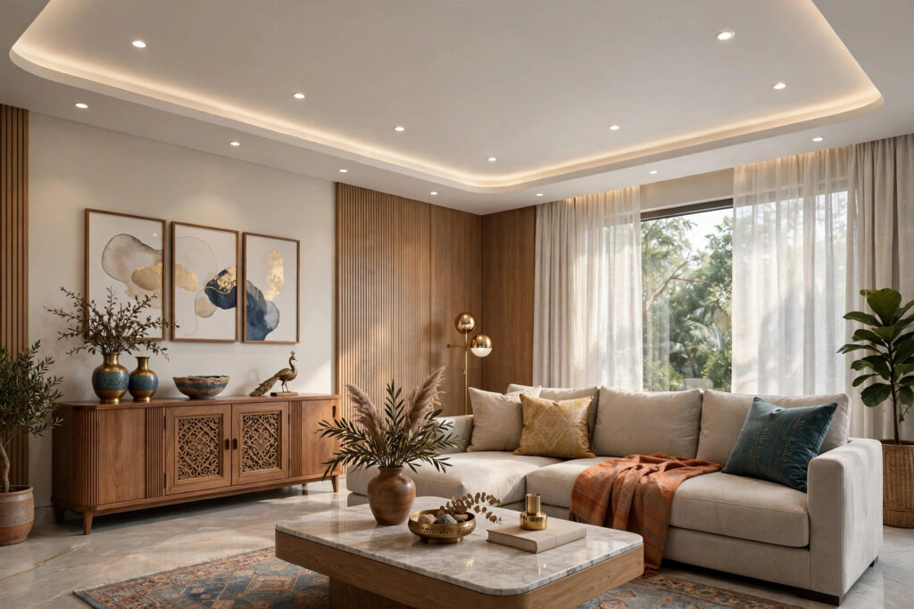 Premium living room with a Gyproc gypsum false ceiling and modern lighting