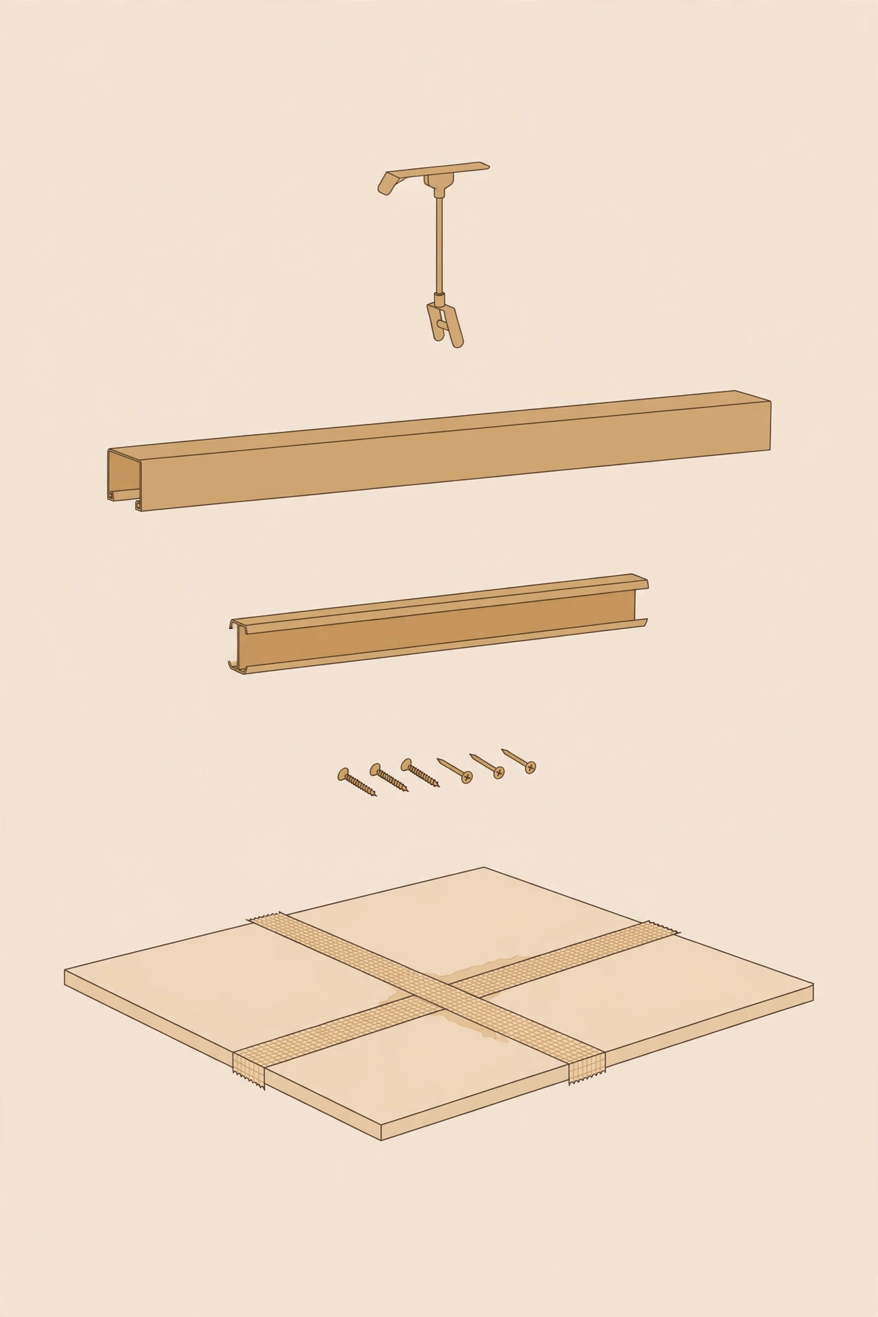 Diagram of a Gyproc ceiling system: boards, channels, hangers and finishing layers
