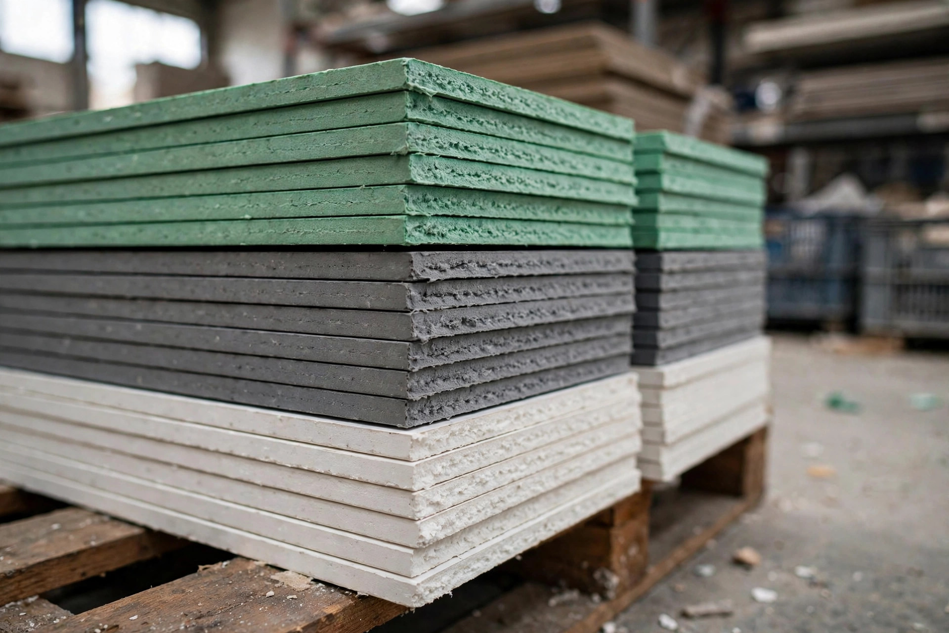 Close-up of Gyproc gypsum board types: standard, moisture-resistant and fire-resistant