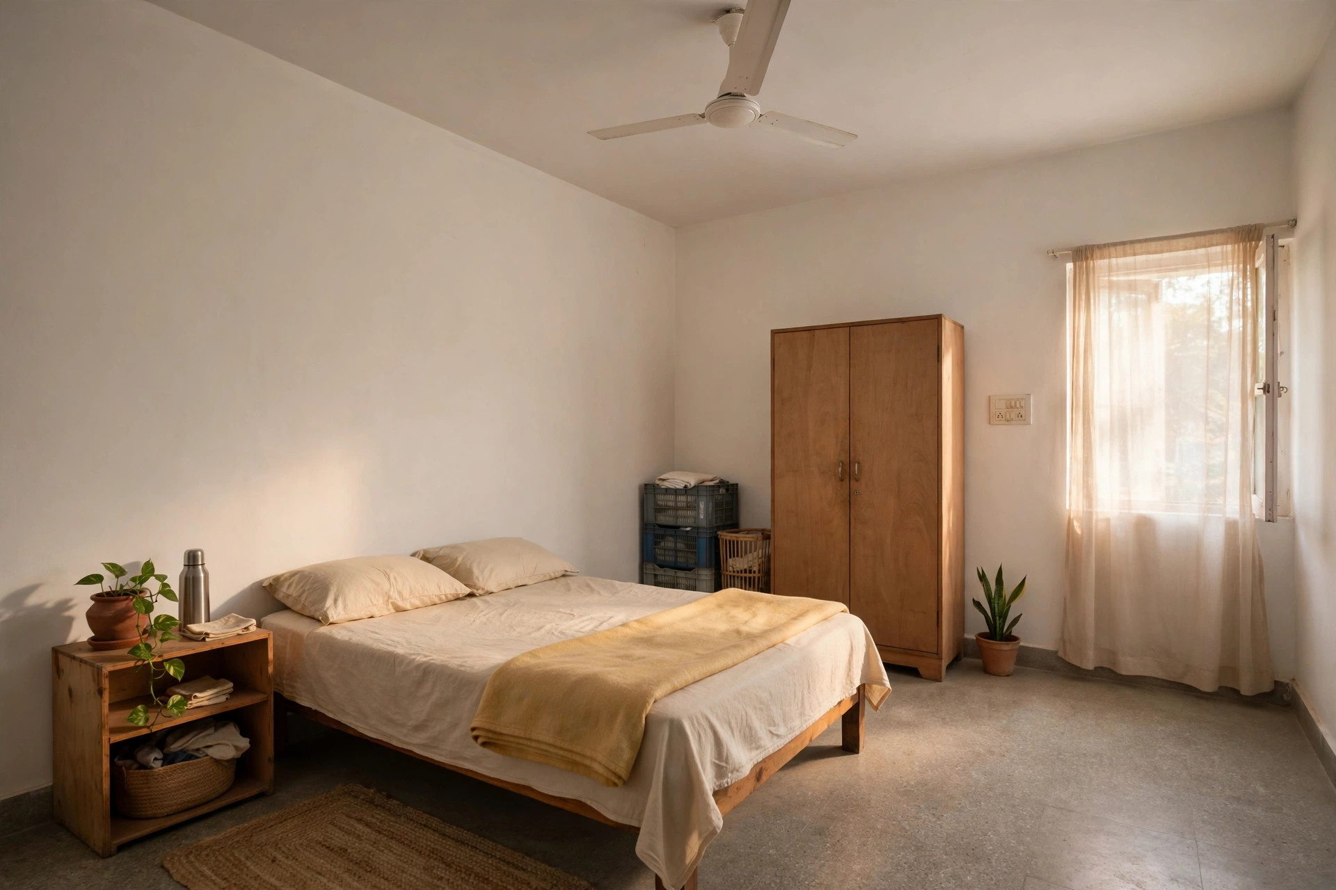 Bedroom with a simple Gyproc ceiling representing a budget installation