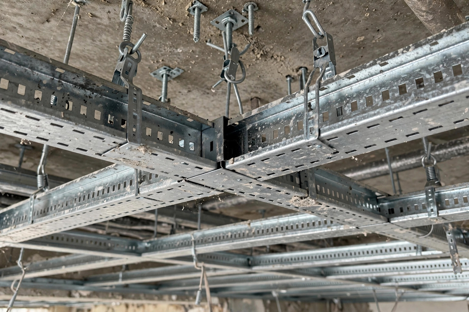 Close-up of metal framework quality behind a gypsum ceiling