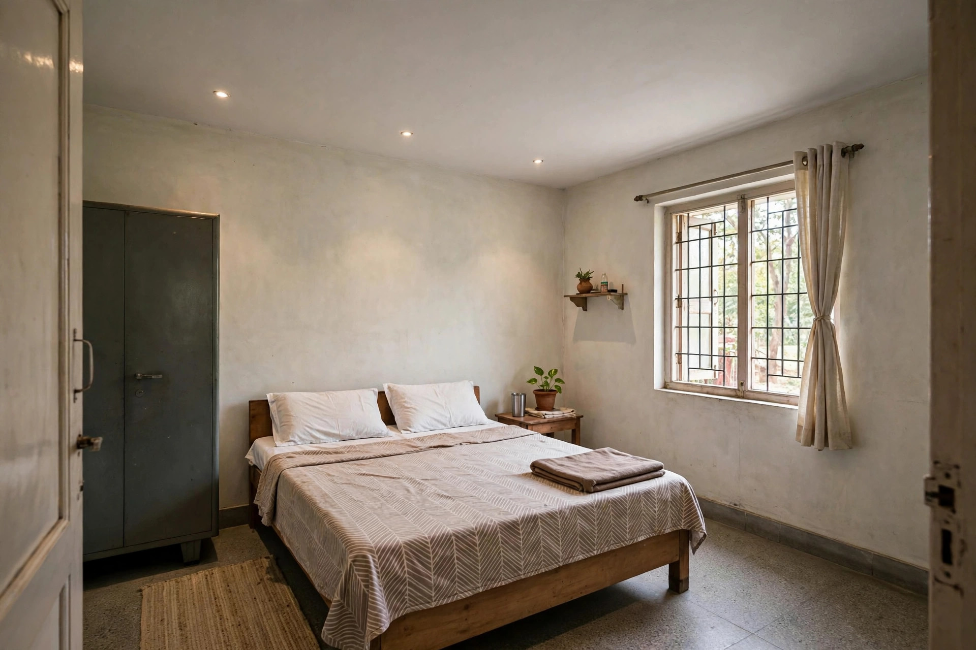 Bedroom with a simple flat Gyproc ceiling, the most economical design