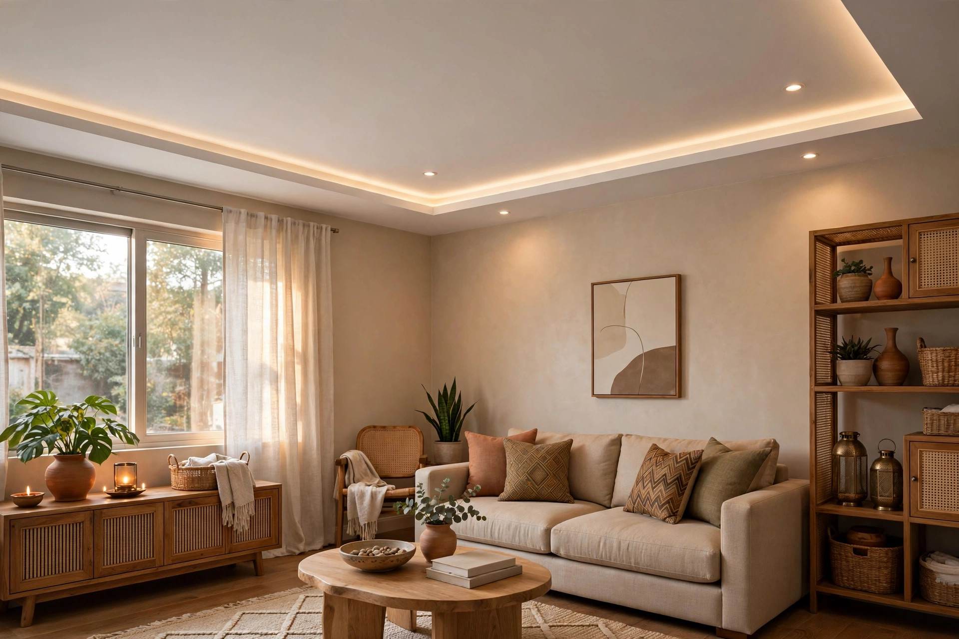 Living room with a single-level Gyproc drop ceiling and border detail