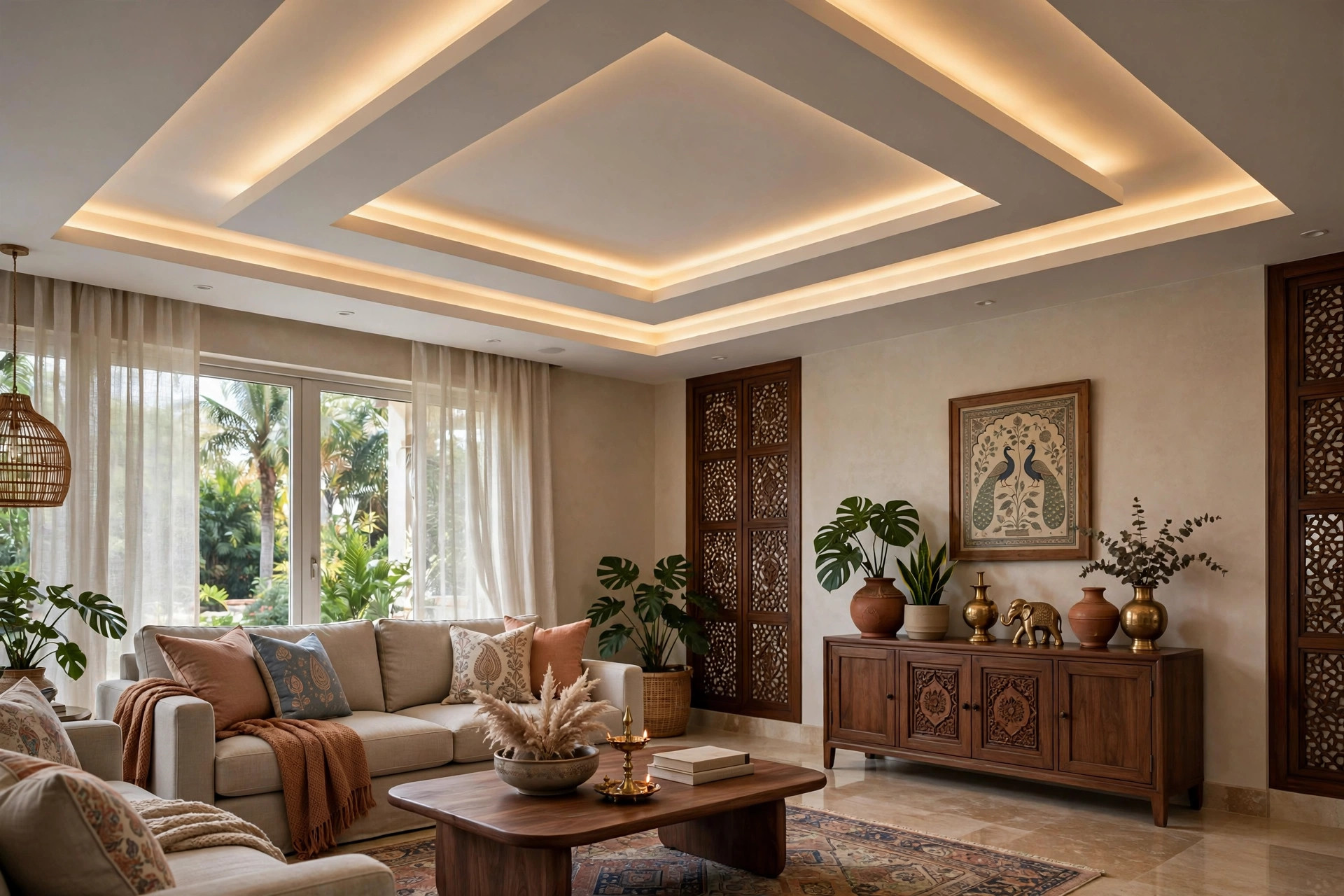Living room with a multi-level Gyproc tray ceiling and layered lighting