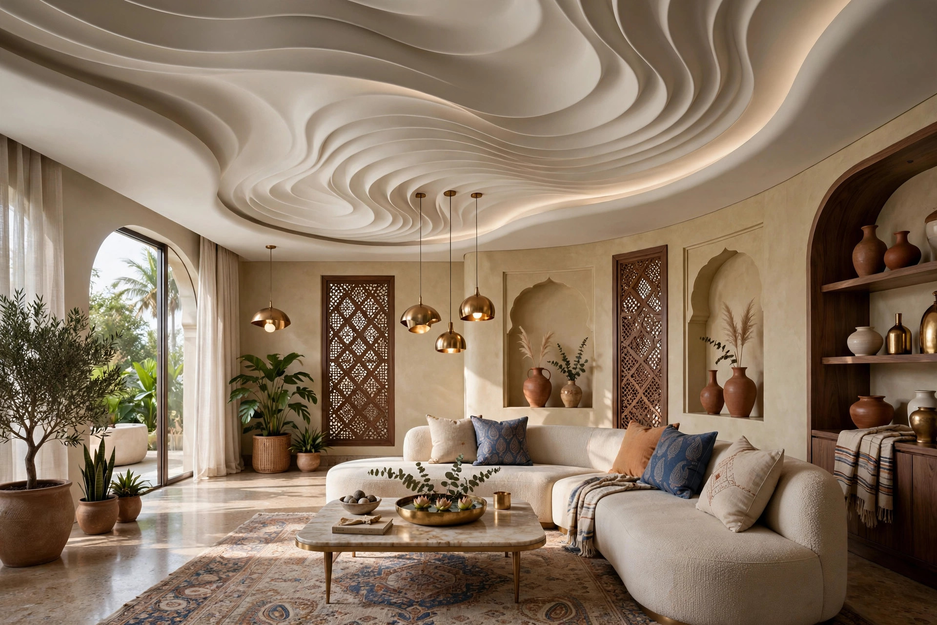 Lounge with a curved designer Gyproc ceiling