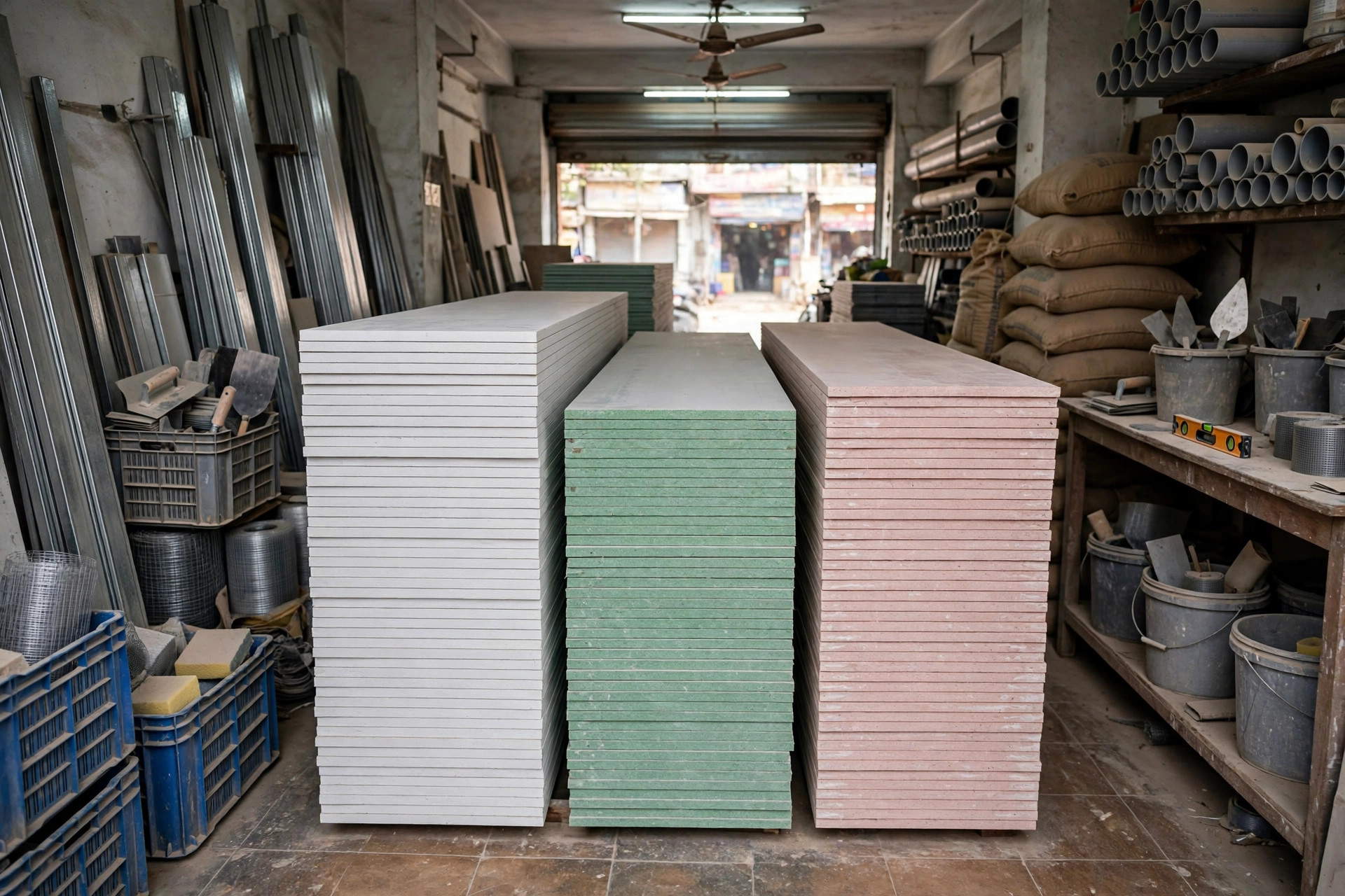 Stack of gypsum boards from different brands at a dealer shop
