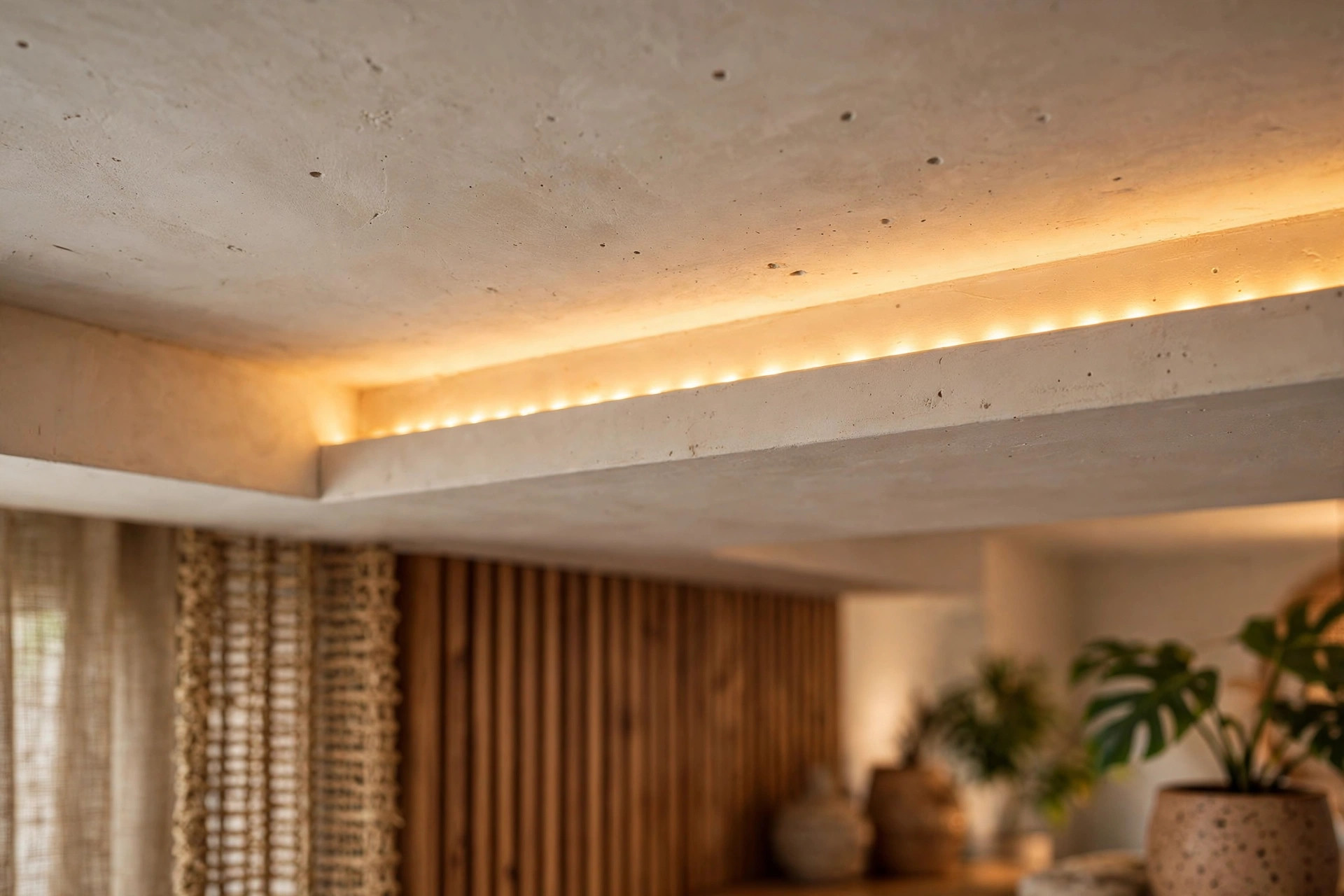 Close-up of cove LED strip lighting in a Gyproc ceiling