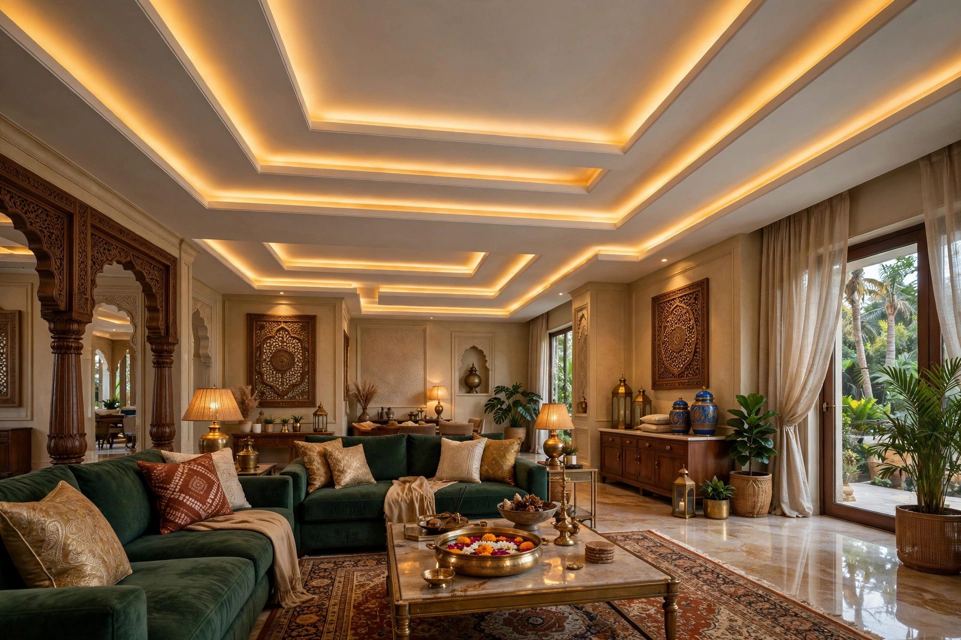 Living room with a multi-level Gyproc ceiling representing a higher budget installation