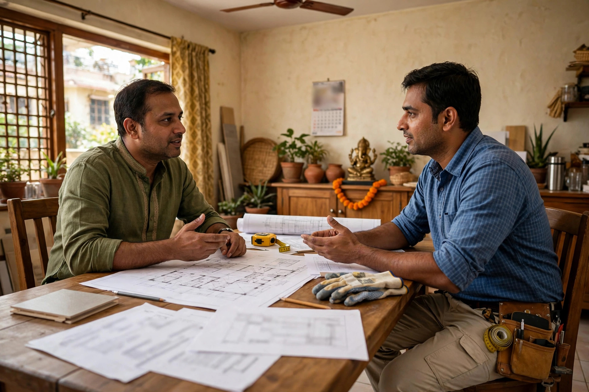Homeowner discussing an itemised ceiling quote with a contractor