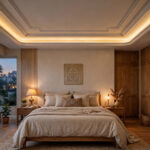 Master bedroom with a gypsum false ceiling with warm cove lighting