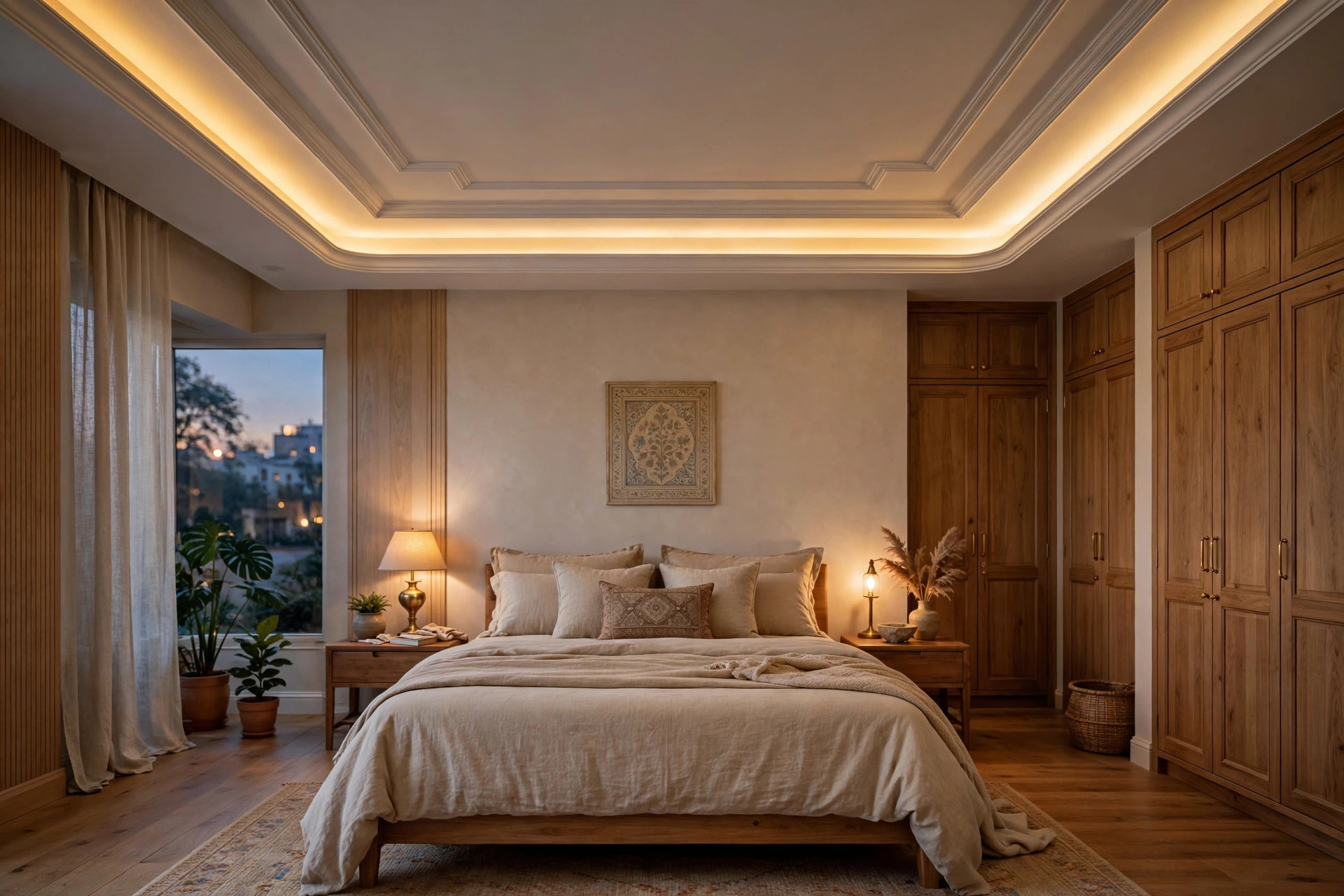 Master bedroom with a gypsum false ceiling with warm cove lighting