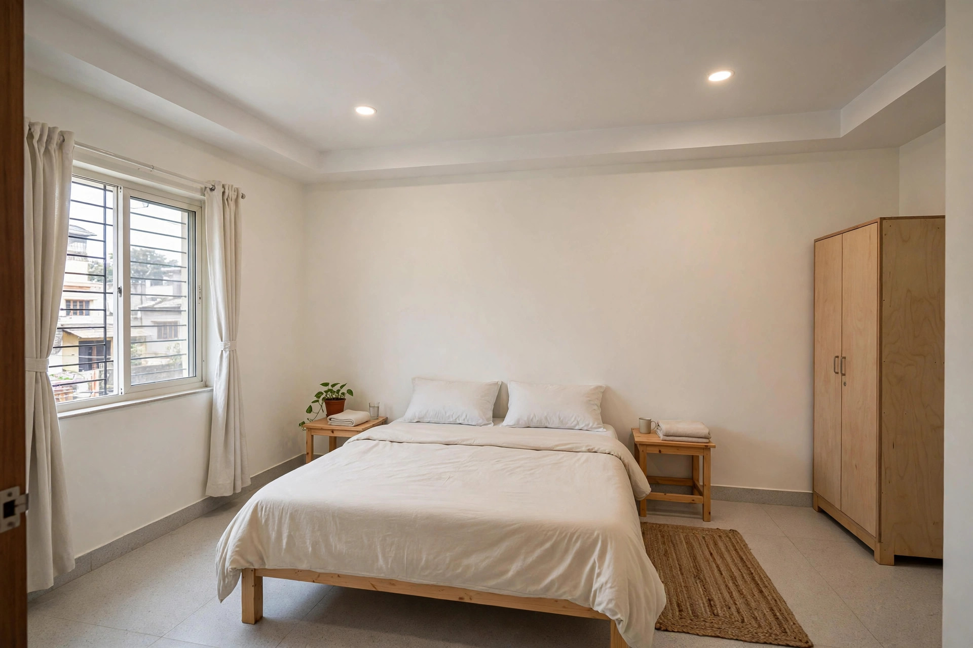 Modest bedroom with a basic flat white gypsum ceiling and two recessed lights