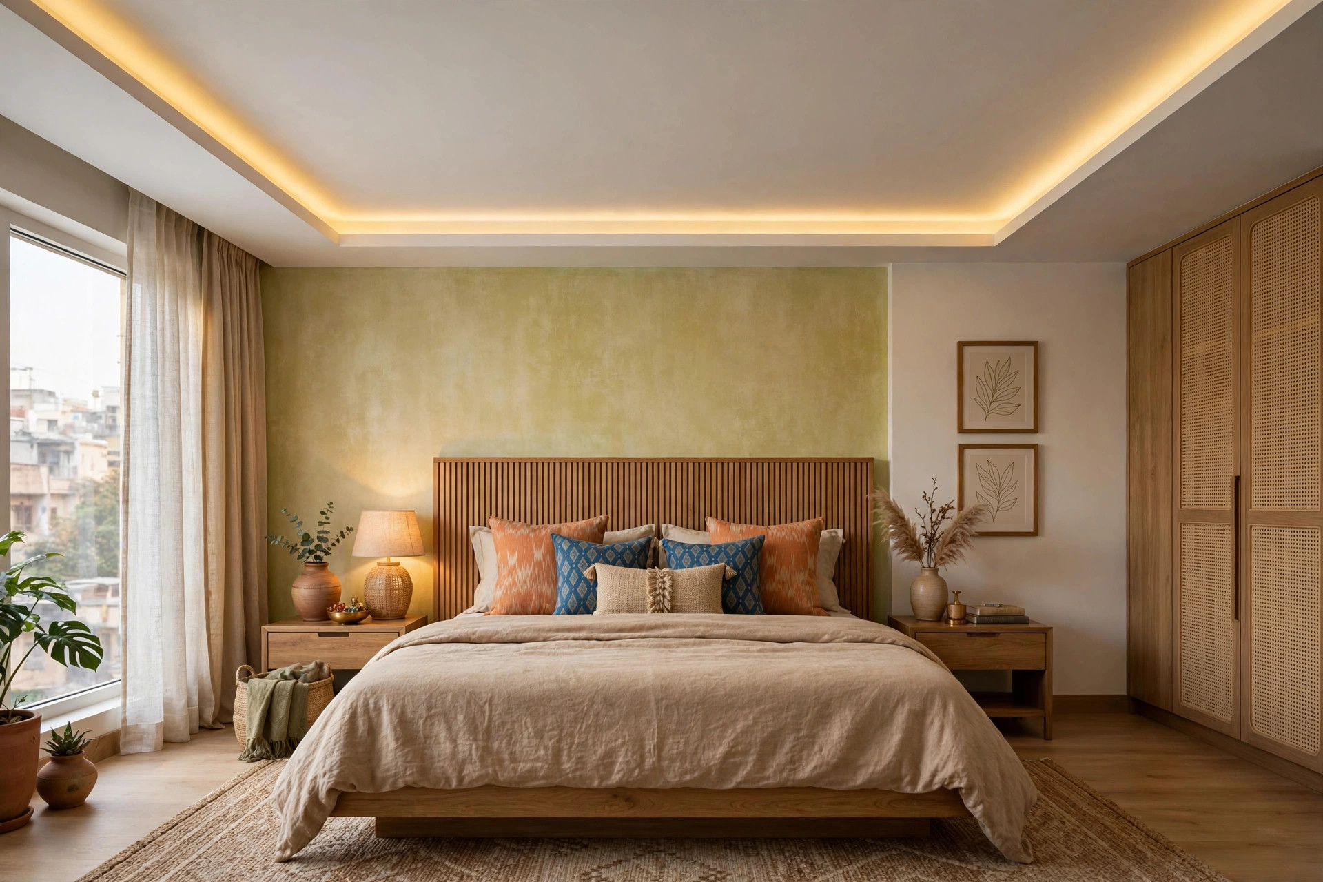 Bedroom with a single-level gypsum border ceiling and warm LED strip
