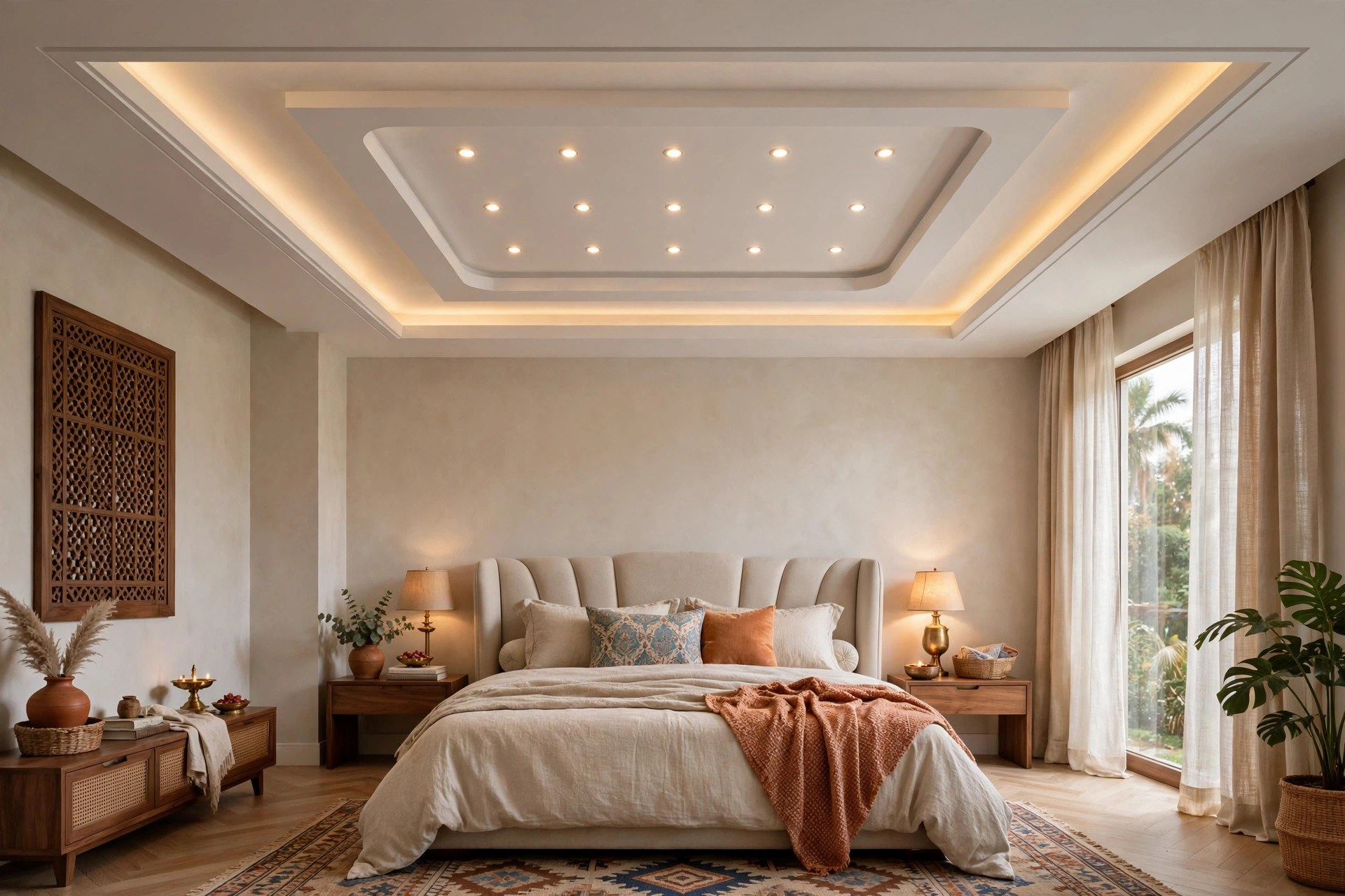 Bedroom with a two-level stepped gypsum ceiling with downlights