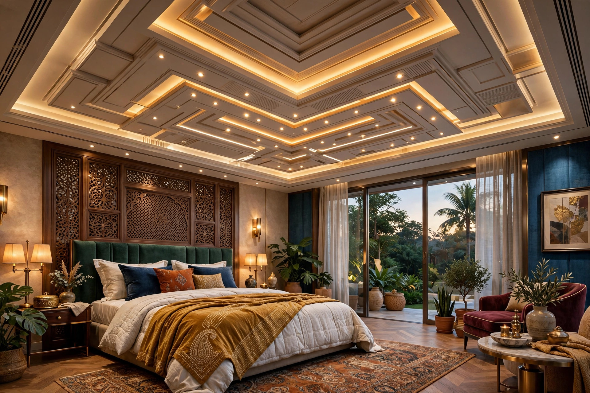 Luxurious bedroom with a premium multi-level gypsum ceiling