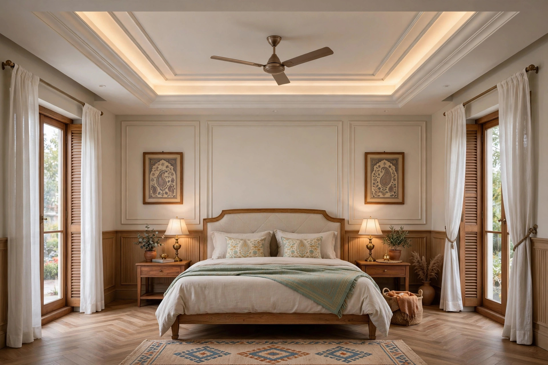 Bedroom with a classic gypsum tray ceiling and ceiling fan