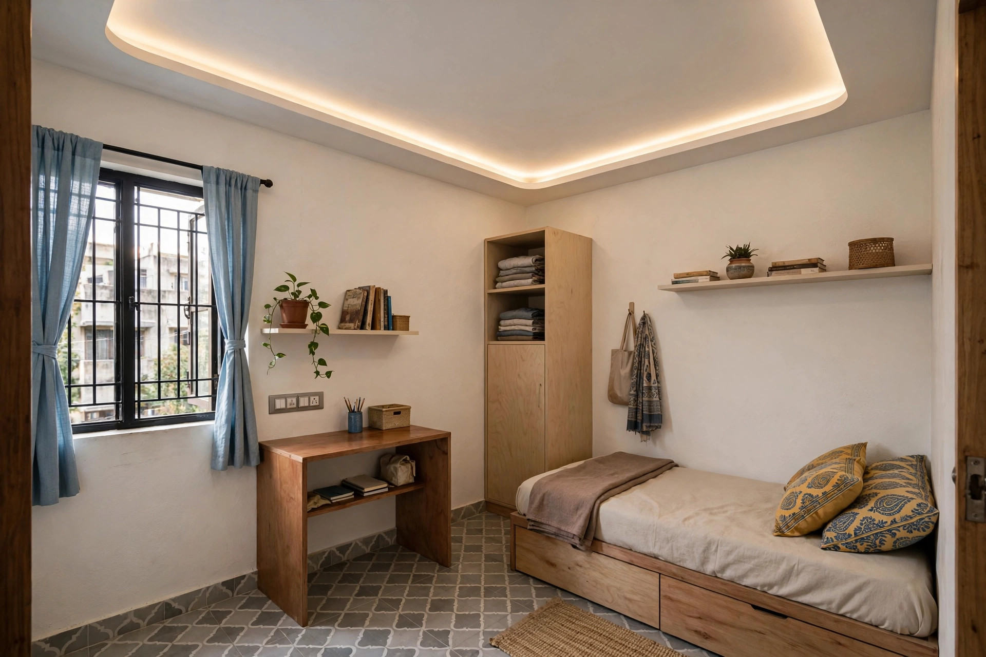 Small bedroom with a peripheral gypsum border ceiling, centre at slab height