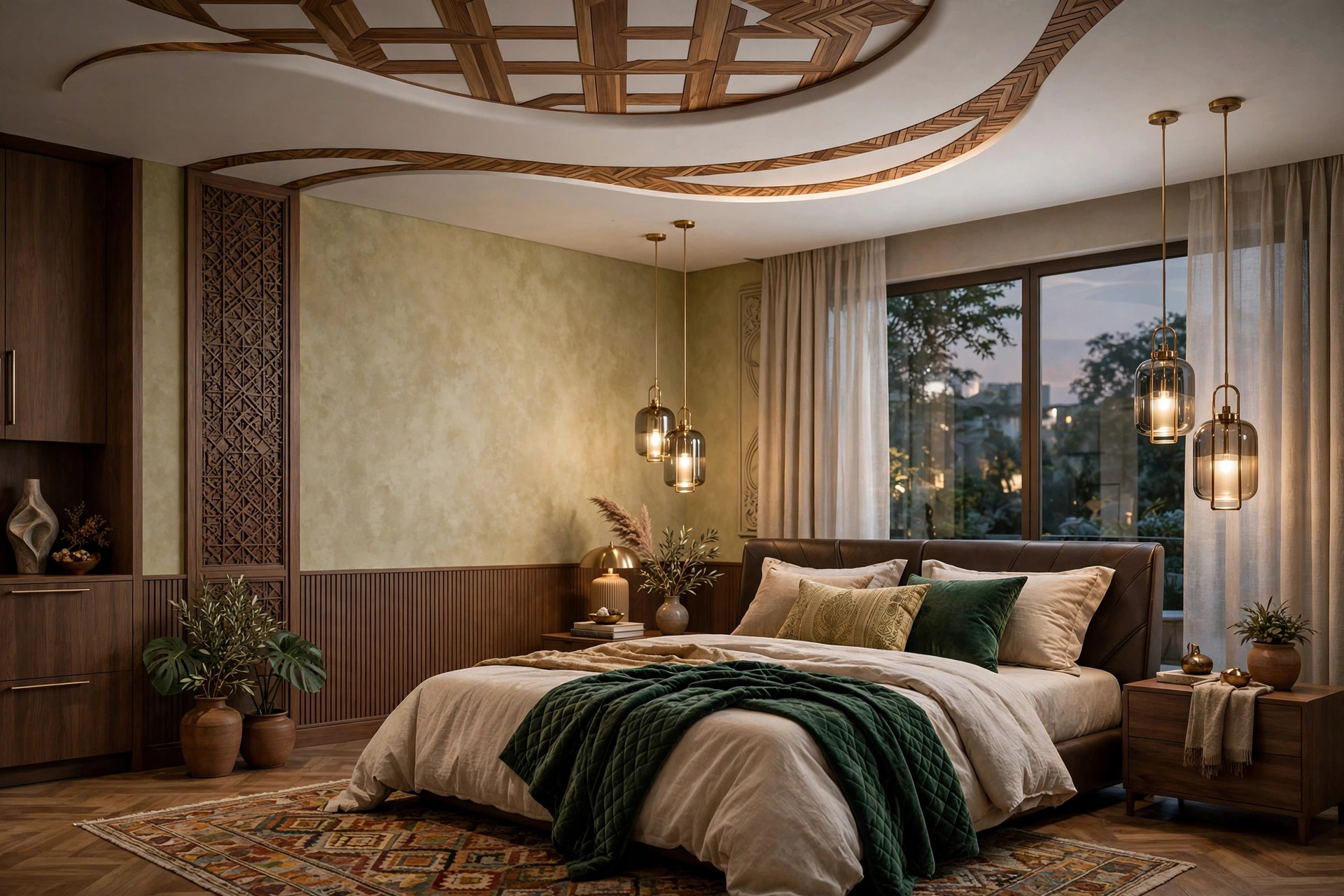 Premium master bedroom with a designer gypsum ceiling with wooden inlay