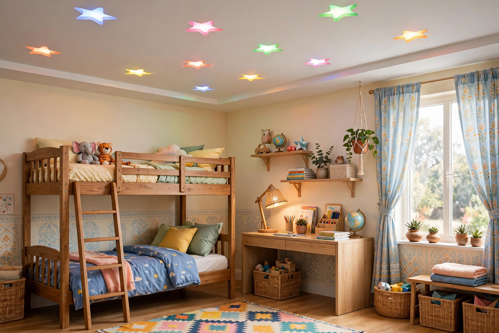 Kids bedroom with a simple white gypsum ceiling and star-shaped lights