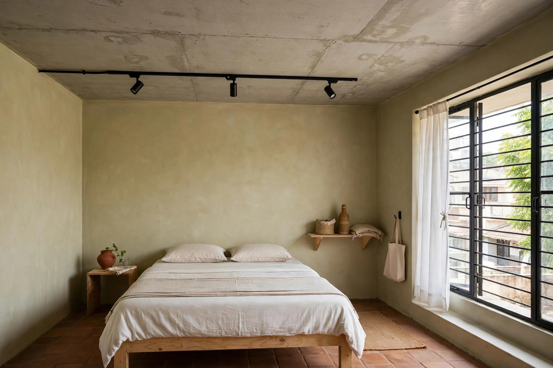 Guest bedroom with a painted slab ceiling and track lights, no false ceiling