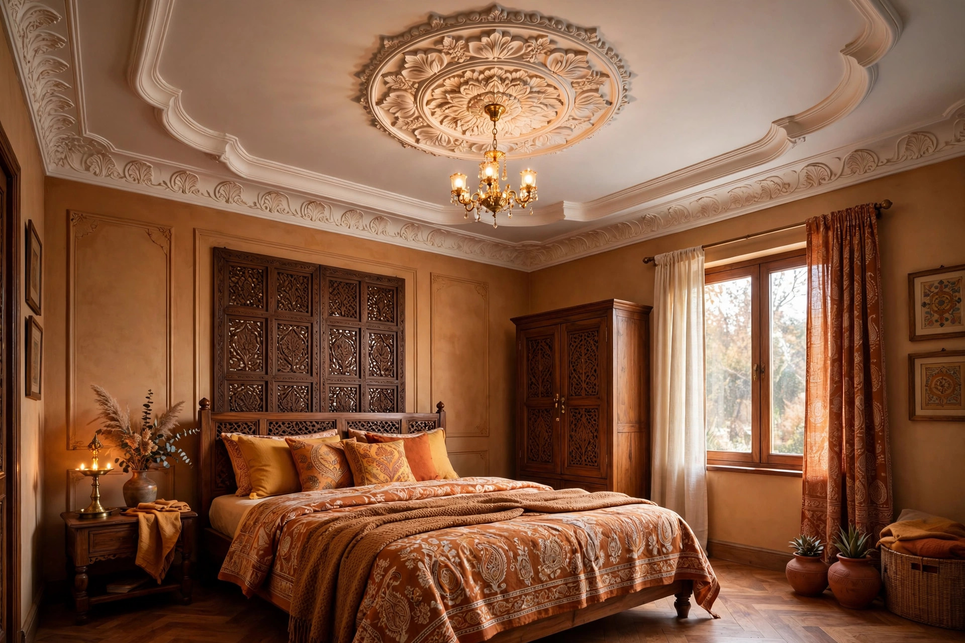 Bedroom with a decorative POP ceiling with curved cornices and a chandelier