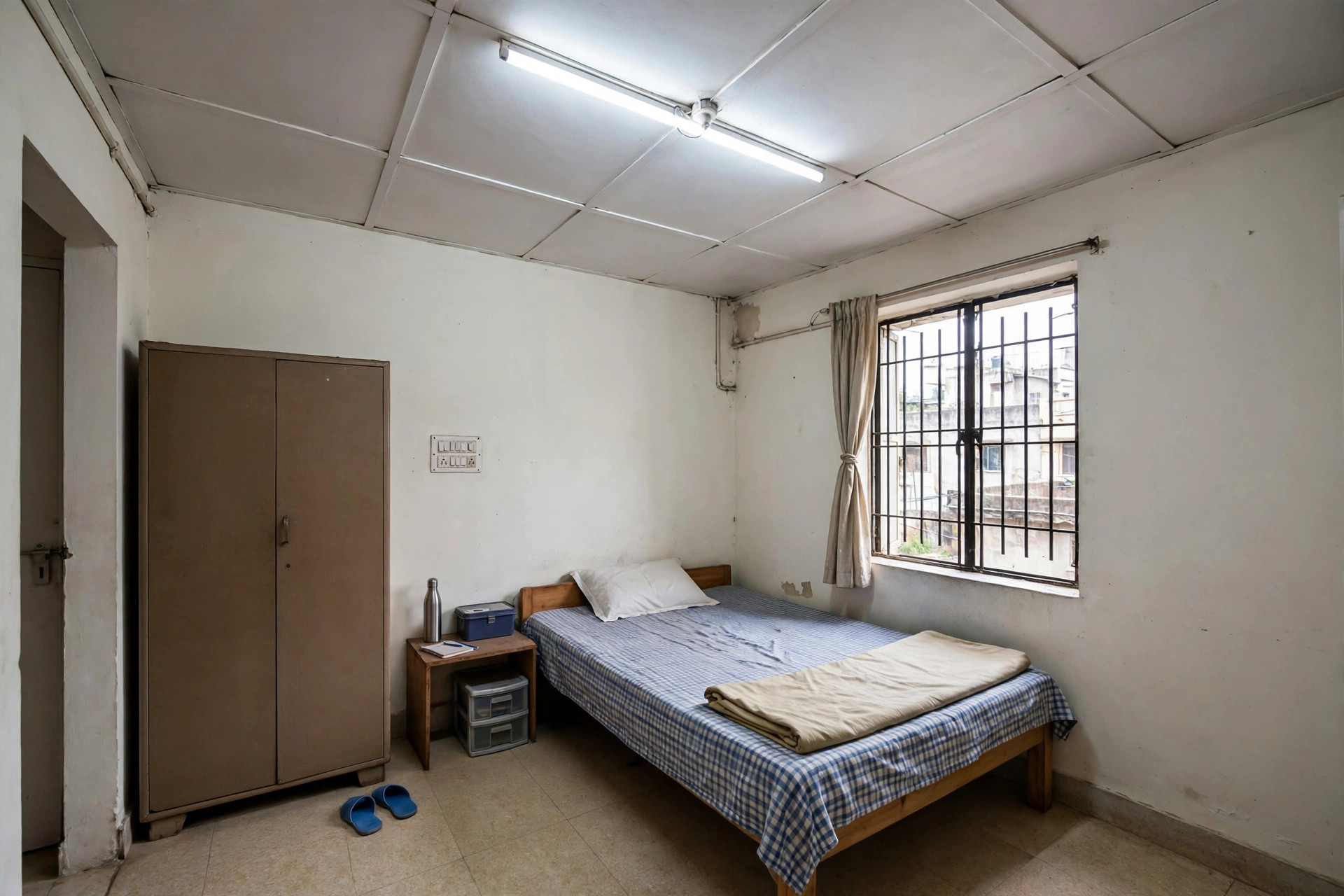 Budget bedroom with a white PVC panel ceiling and a tube light