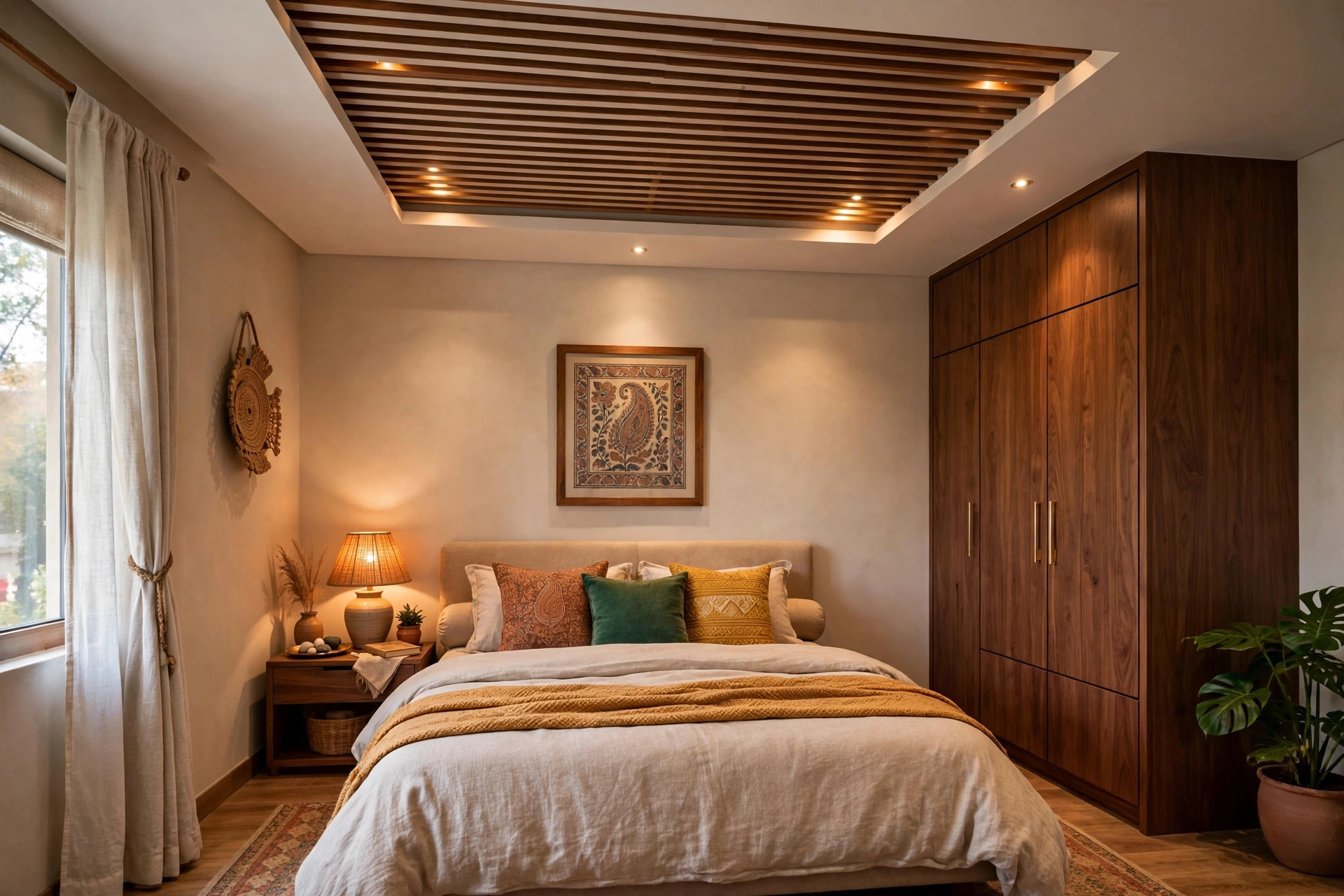 Bedroom with a gypsum ceiling with wooden slat accents over the bed
