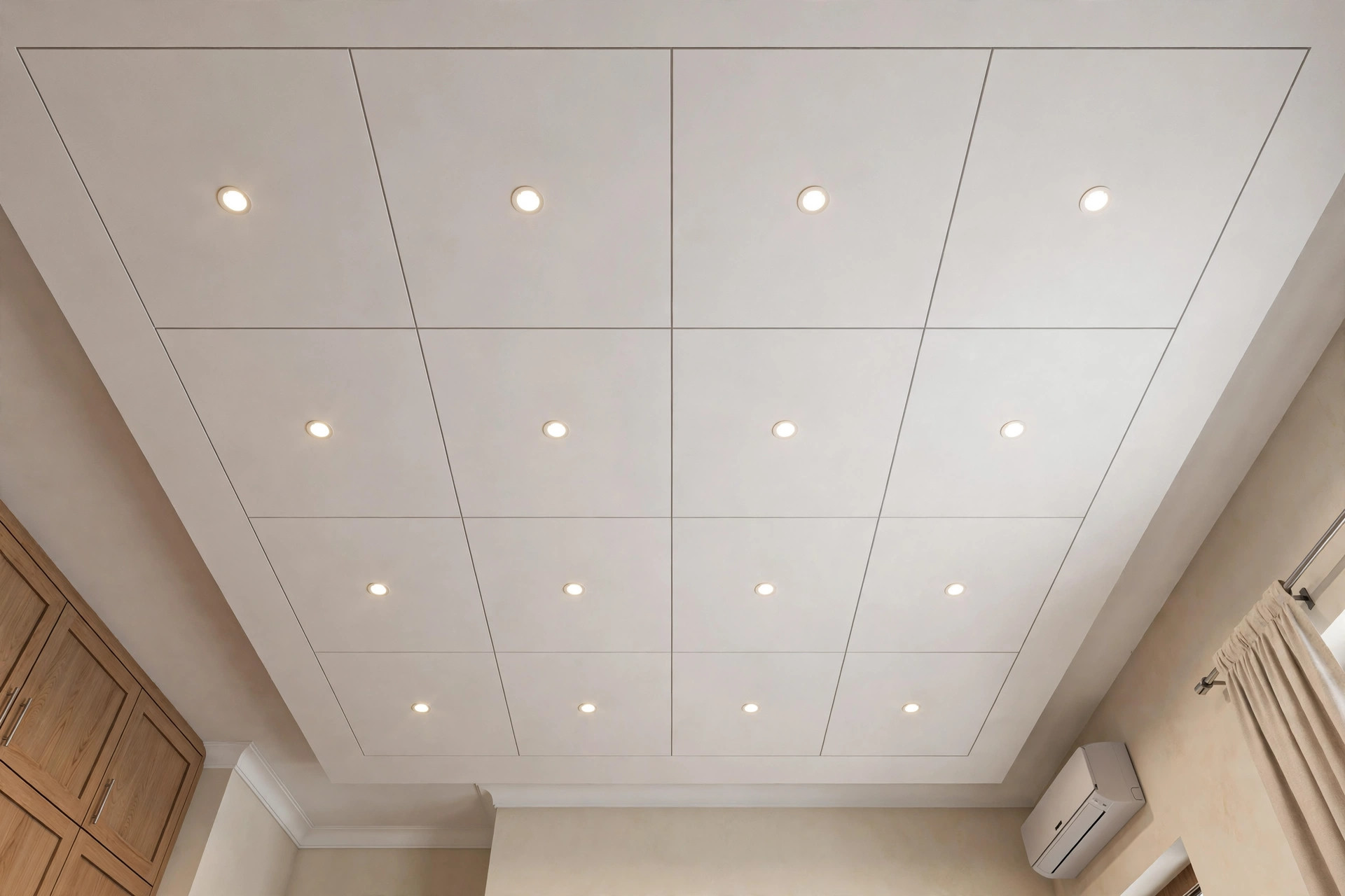 Bedroom ceiling with a neat grid of recessed LED spotlights