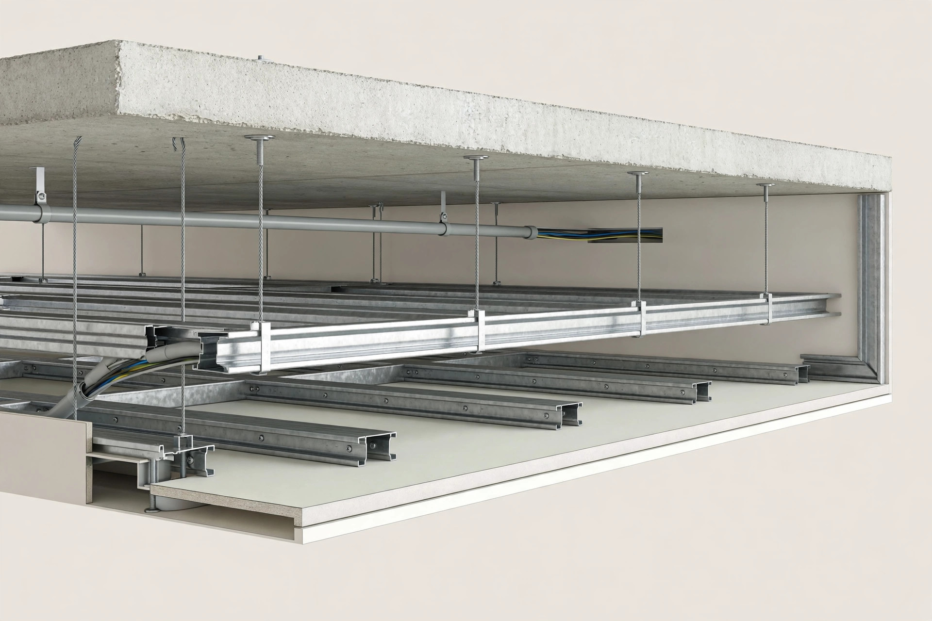 Cutaway illustration of a gypsum ceiling framework with metal channels and wiring