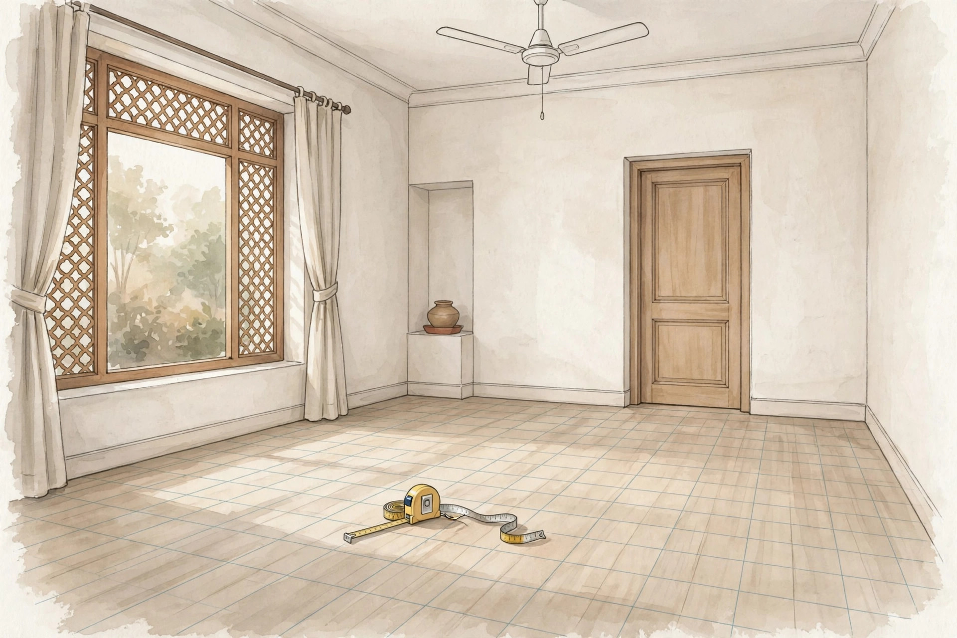 Illustration of an empty bedroom with floor grid lines for measuring ceiling area