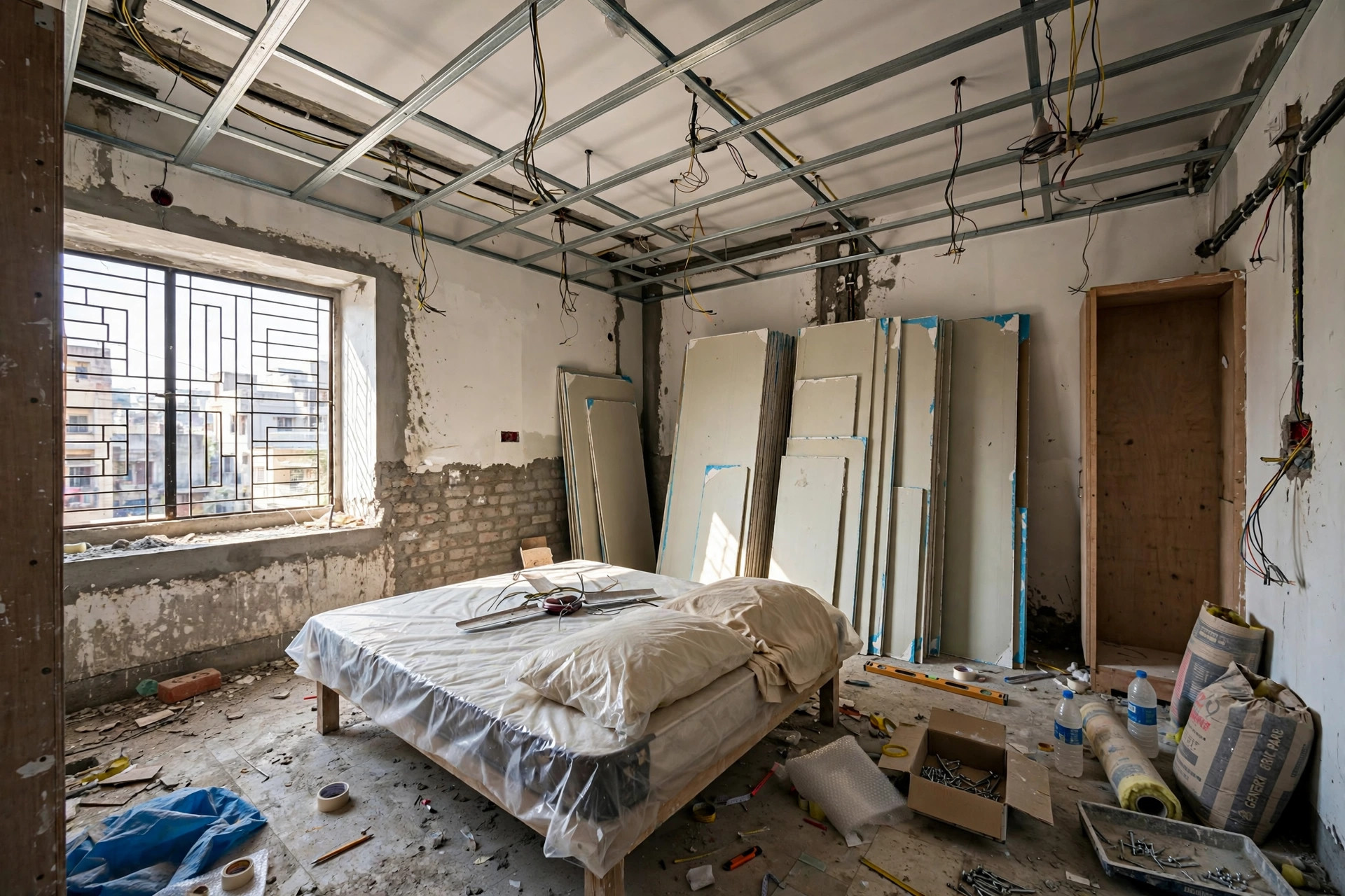 Bedroom with false ceiling framework being installed, boards stacked