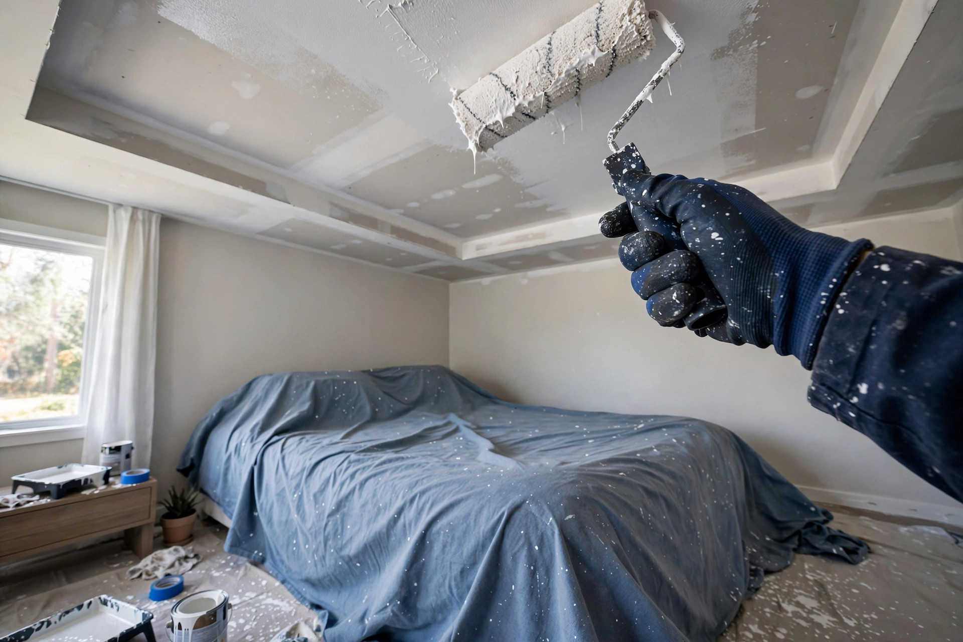 Paint roller applying fresh white paint to a bedroom false ceiling