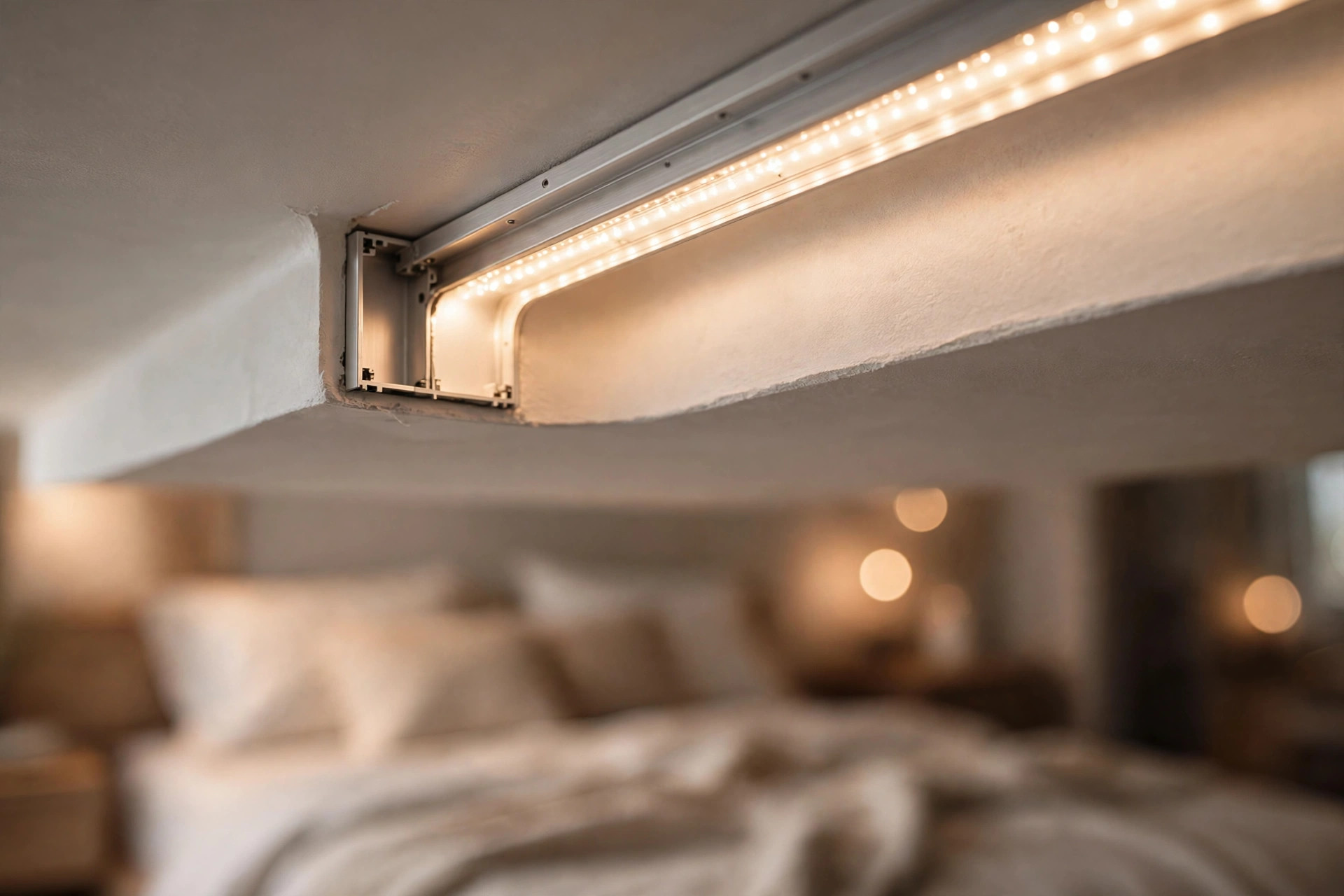 Close-up of an LED strip in an aluminium channel in a ceiling cove