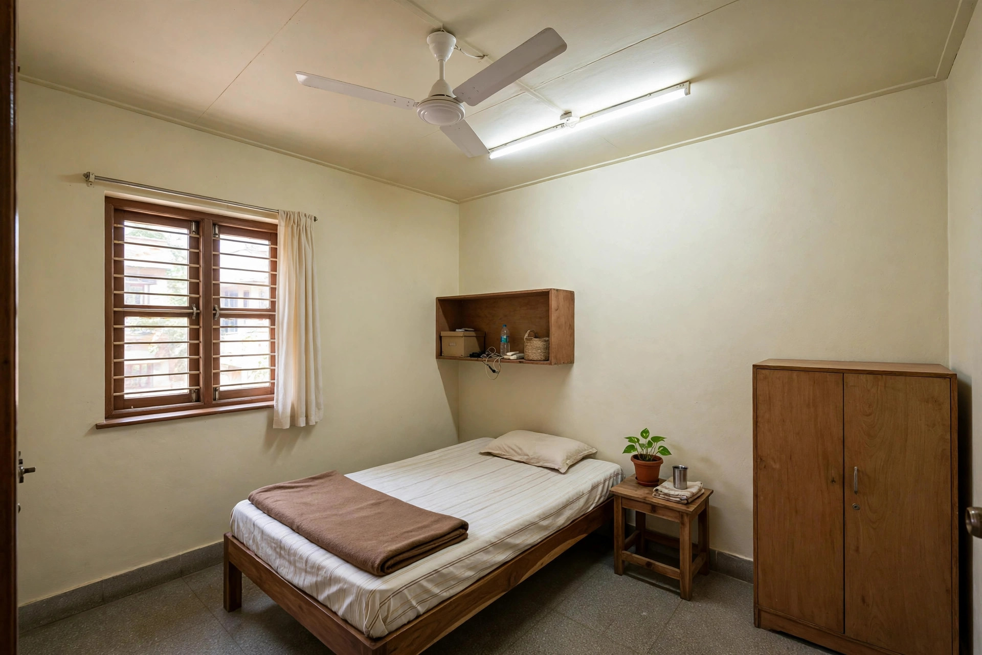 Small bedroom with a simple flat gypsum ceiling, fan and tube light