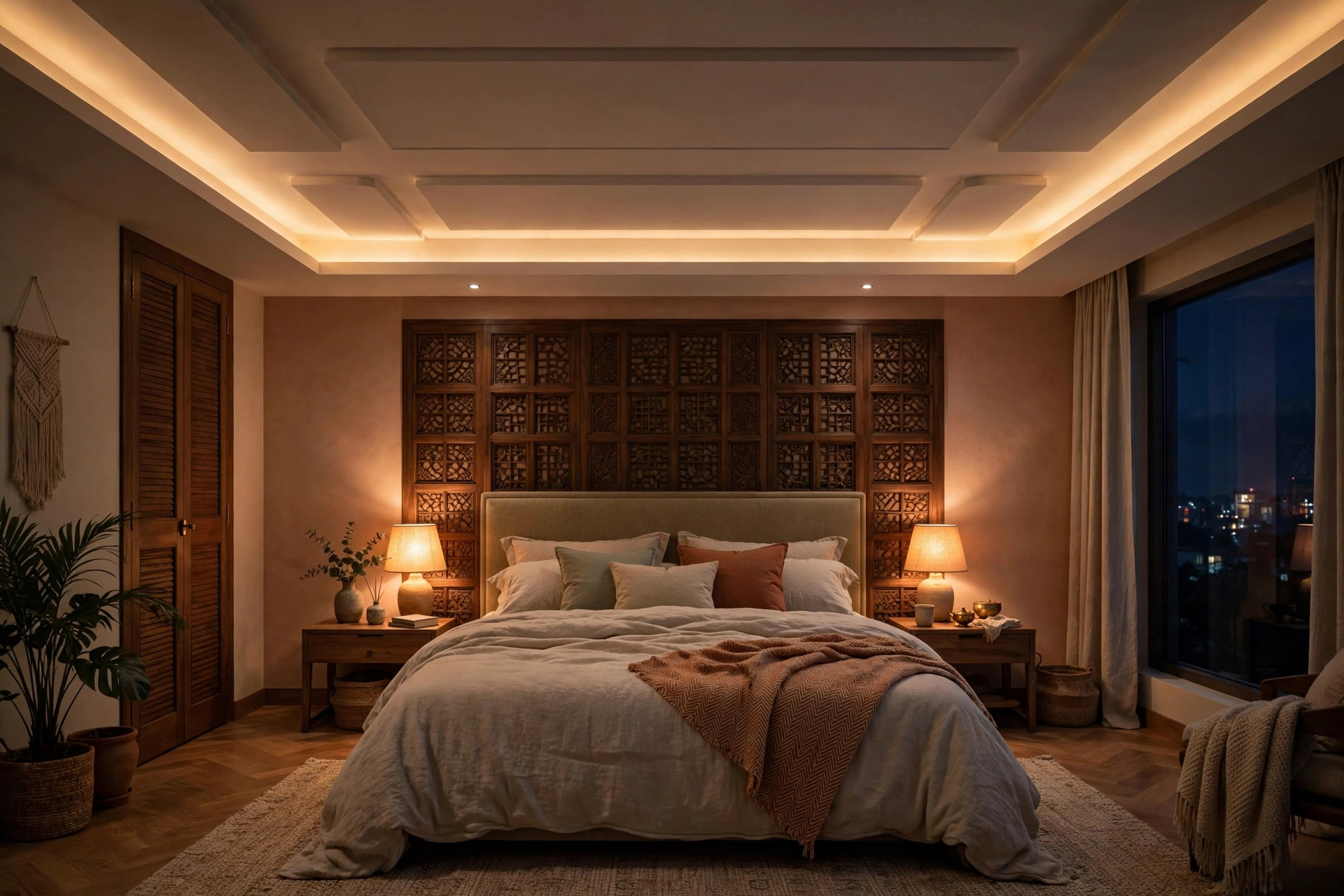 Bedroom at night with dimmed cove lighting