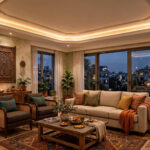 Indian living room hall with a gypsum cove false ceiling and warm LED lighting