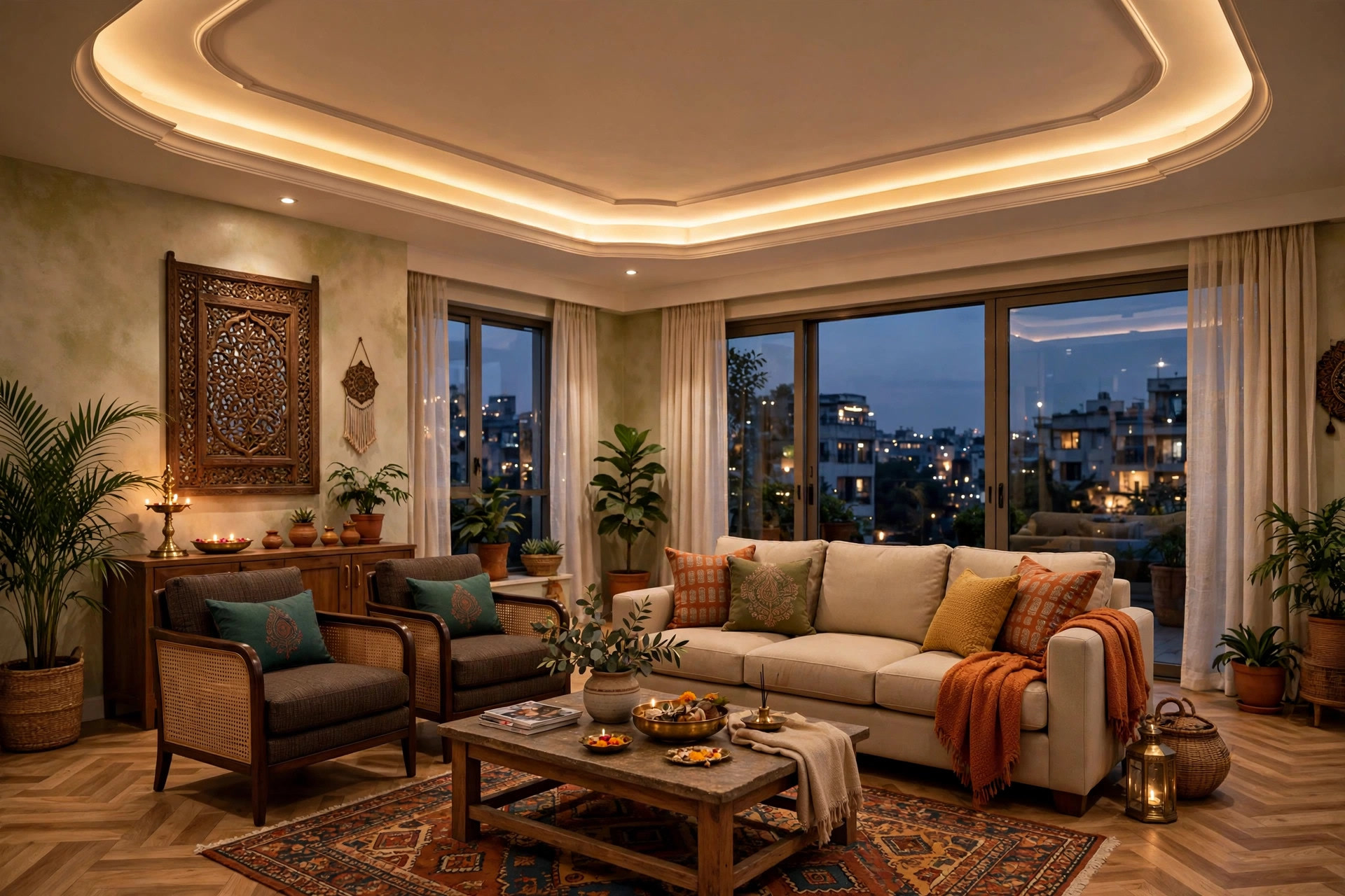 Indian living room hall with a gypsum cove false ceiling and warm LED lighting