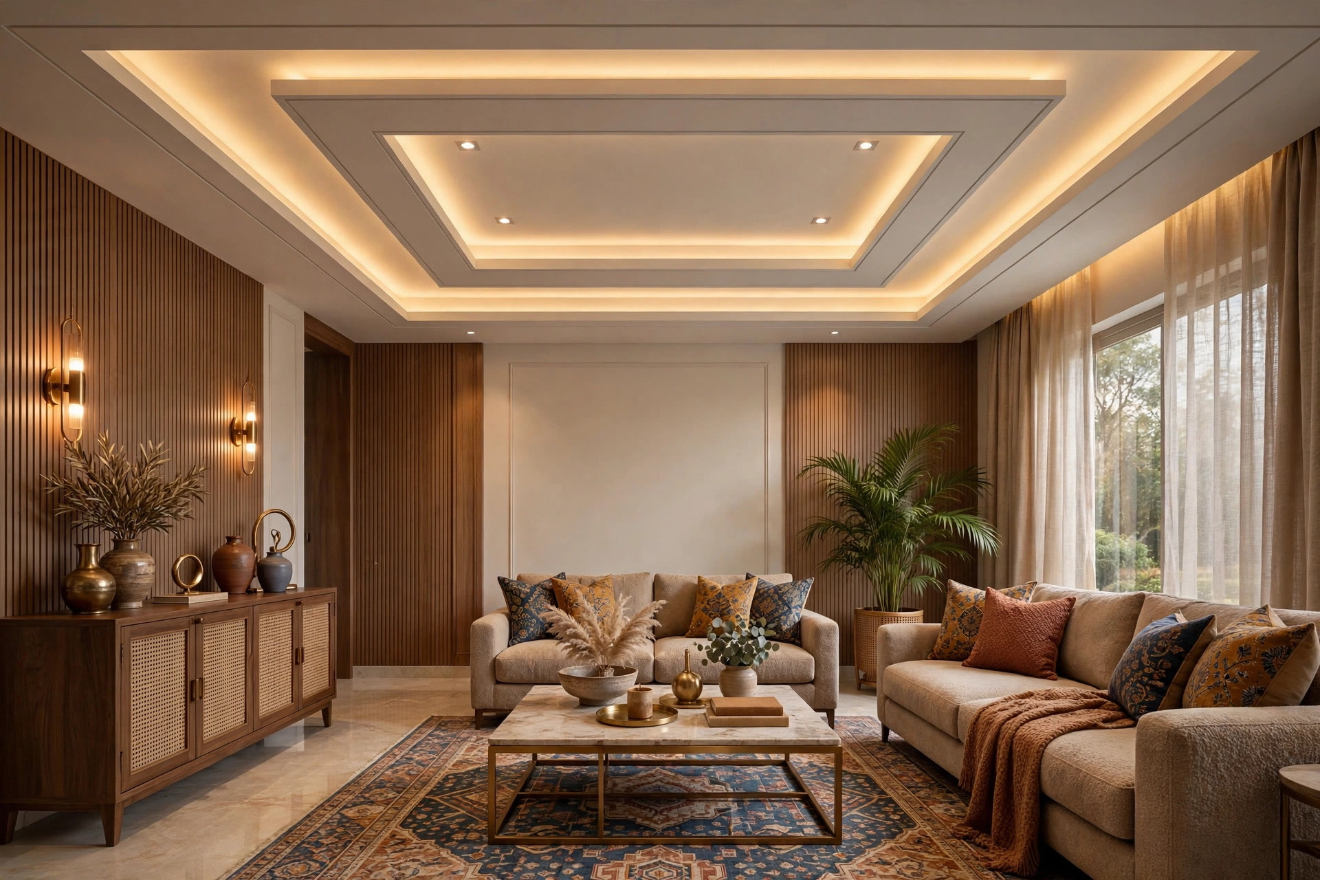 Hall with a double-layer tray false ceiling and layered lighting