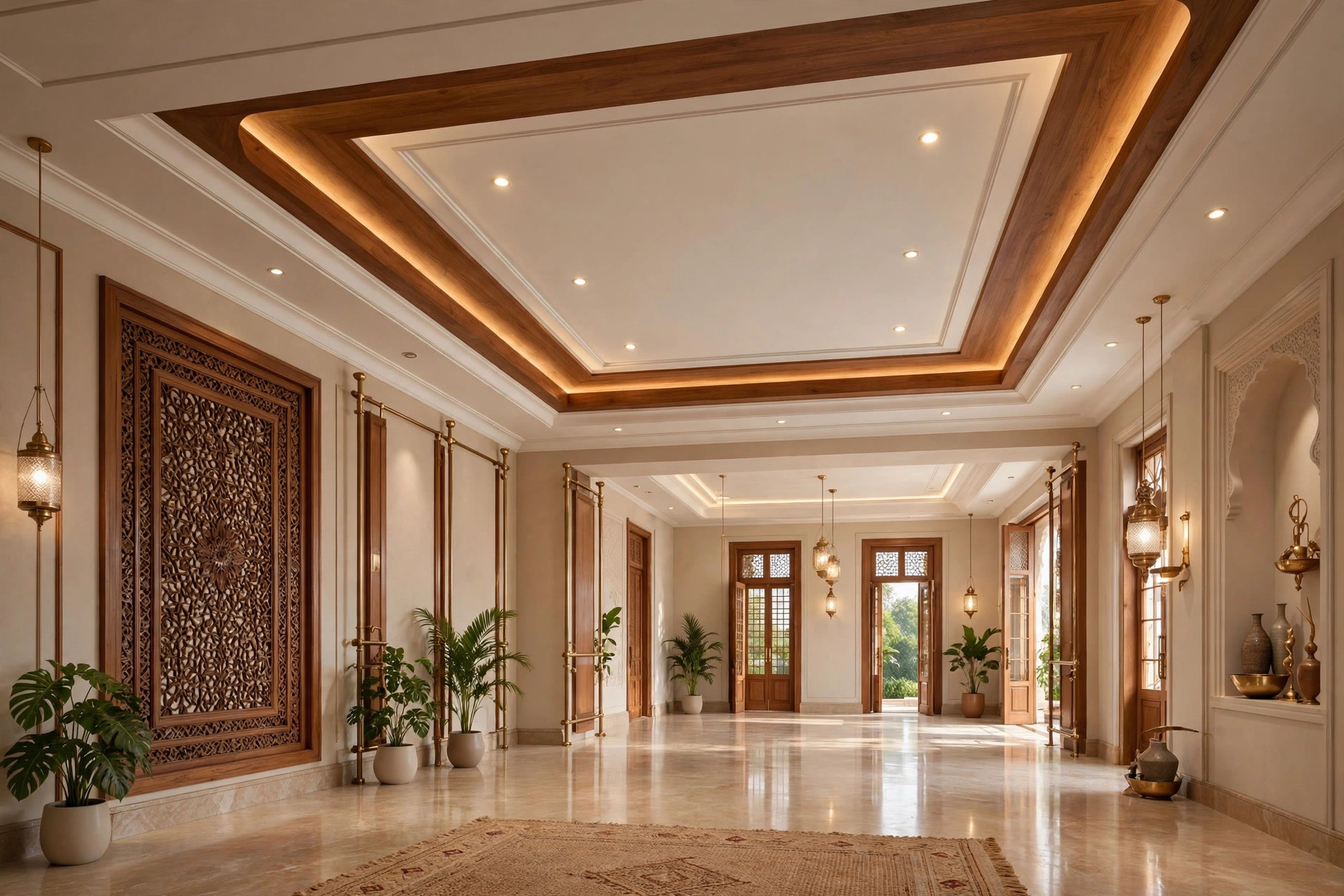 Hall with a gypsum ceiling and warm wooden accent border inside the tray