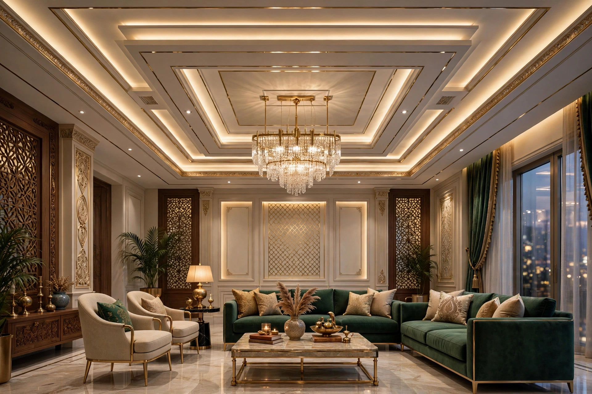 Grand hall with a premium multi-layer designer false ceiling and dramatic lighting