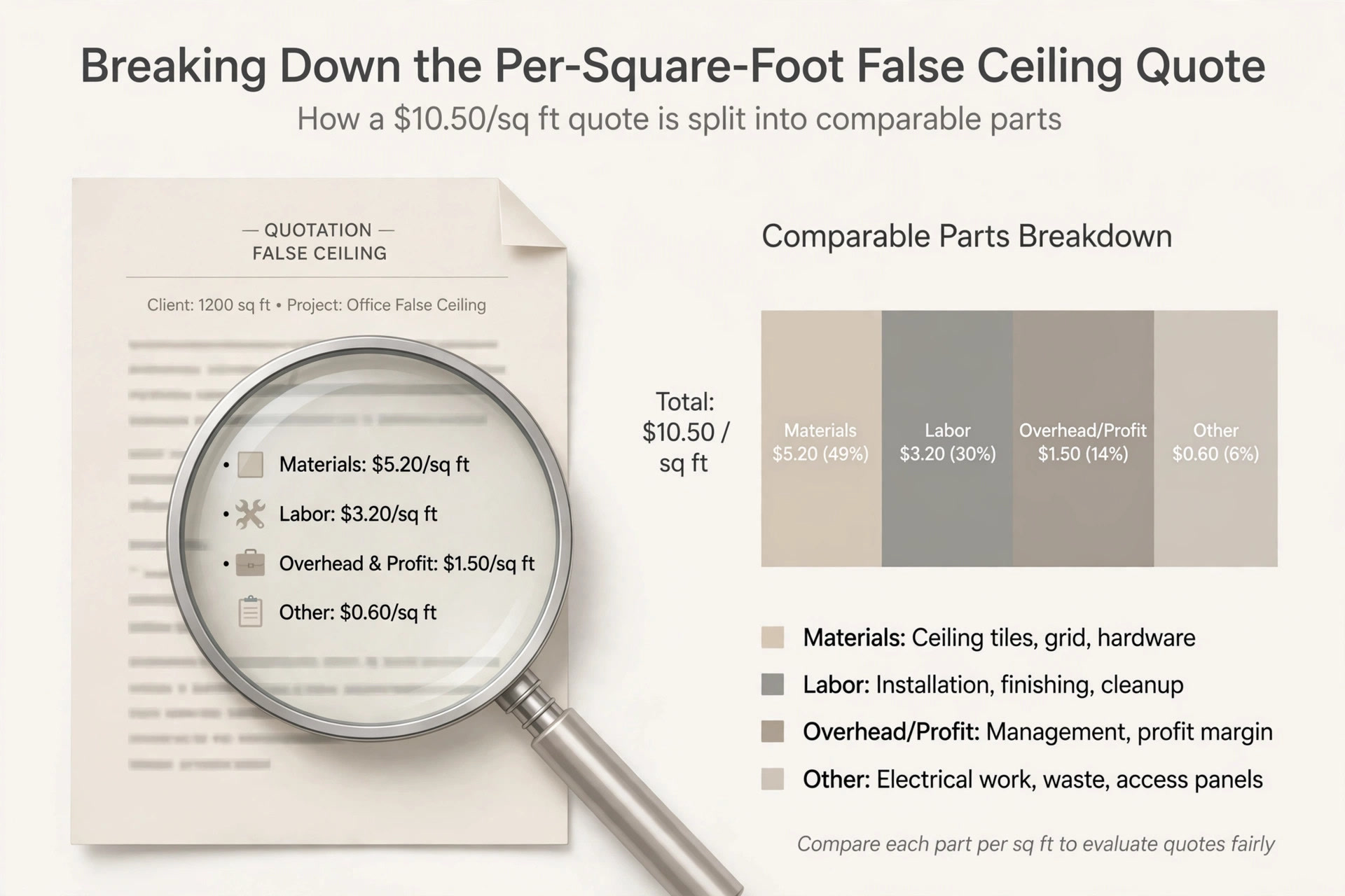 Diagram showing how to break a per-square-foot ceiling quote into comparable parts