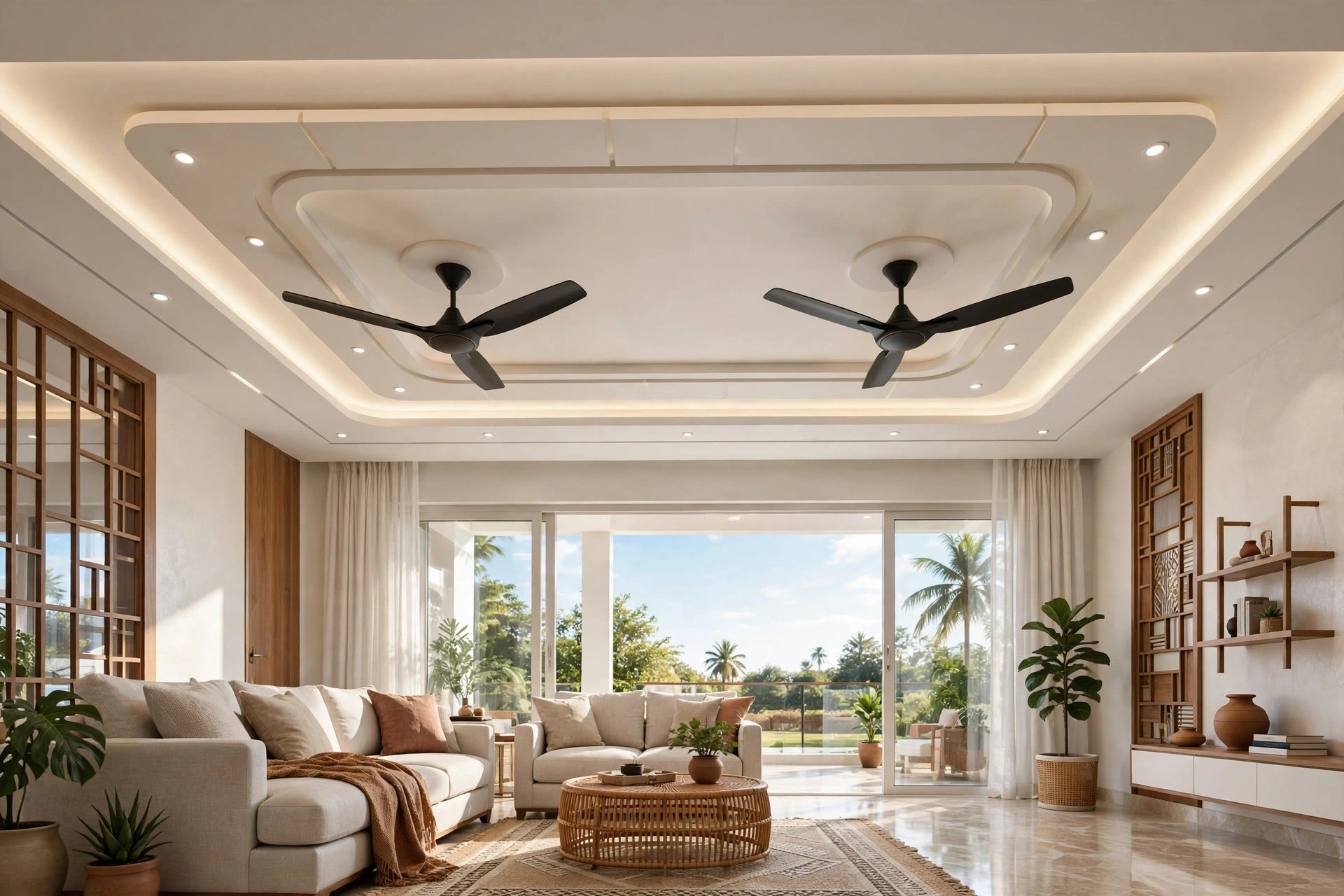 Hall ceiling layout showing two planned ceiling fan positions with proper clearance