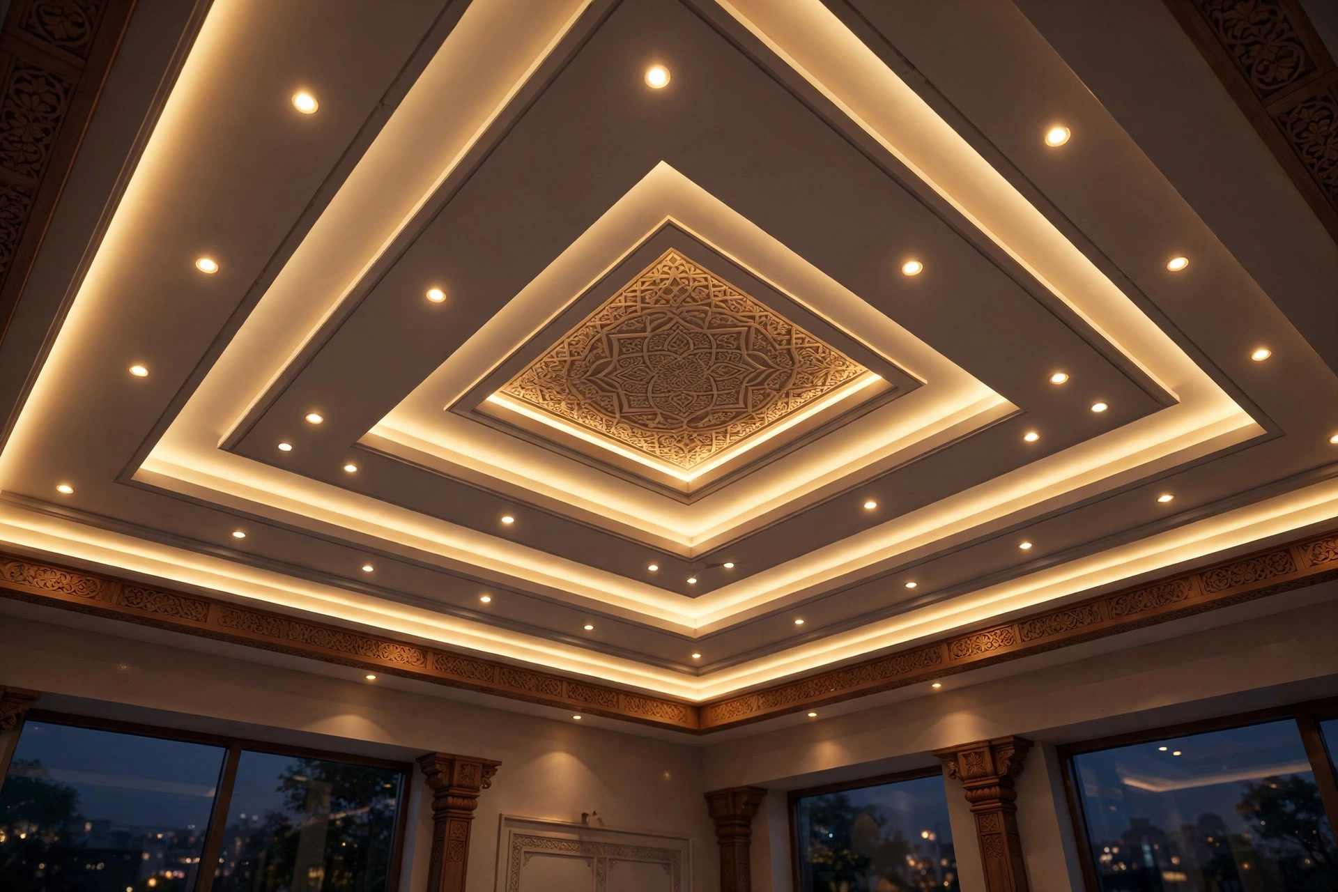 Hall ceiling showing LED cove strips and recessed spots that add to the project cost