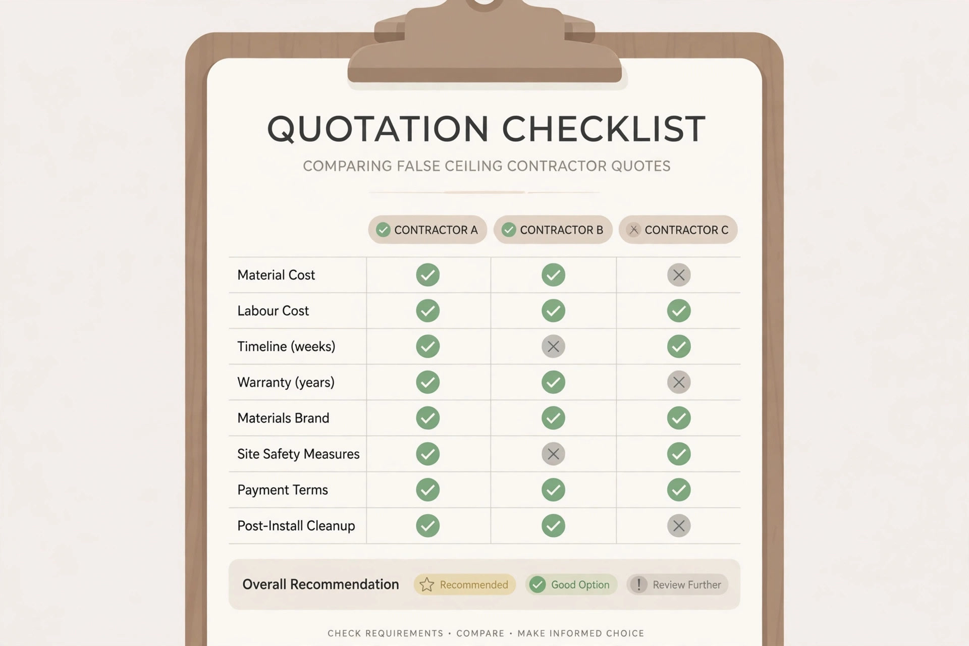 Checklist for comparing false ceiling contractor quotations line by line
