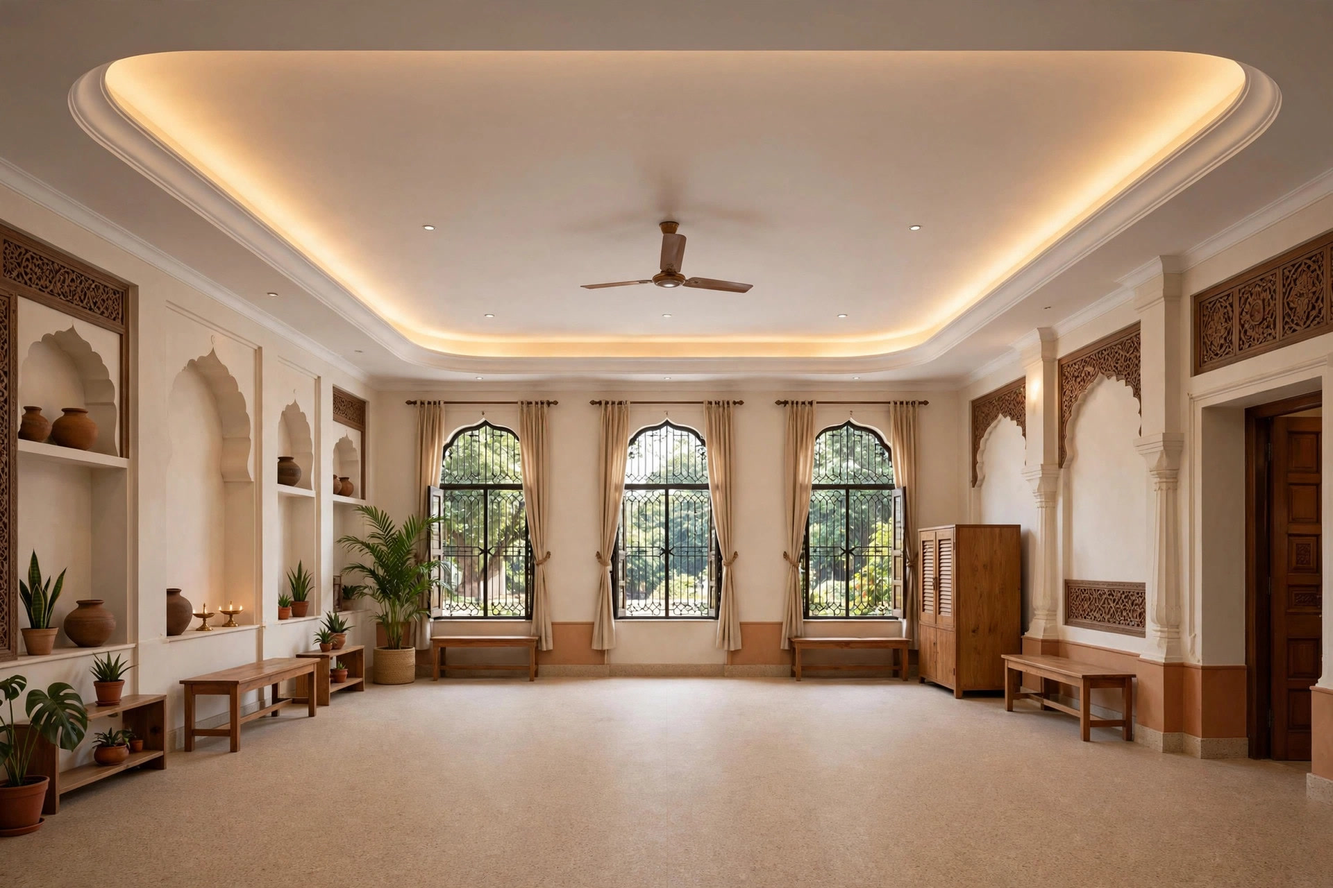 Hall with a mid-range gypsum cove ceiling and balanced warm lighting