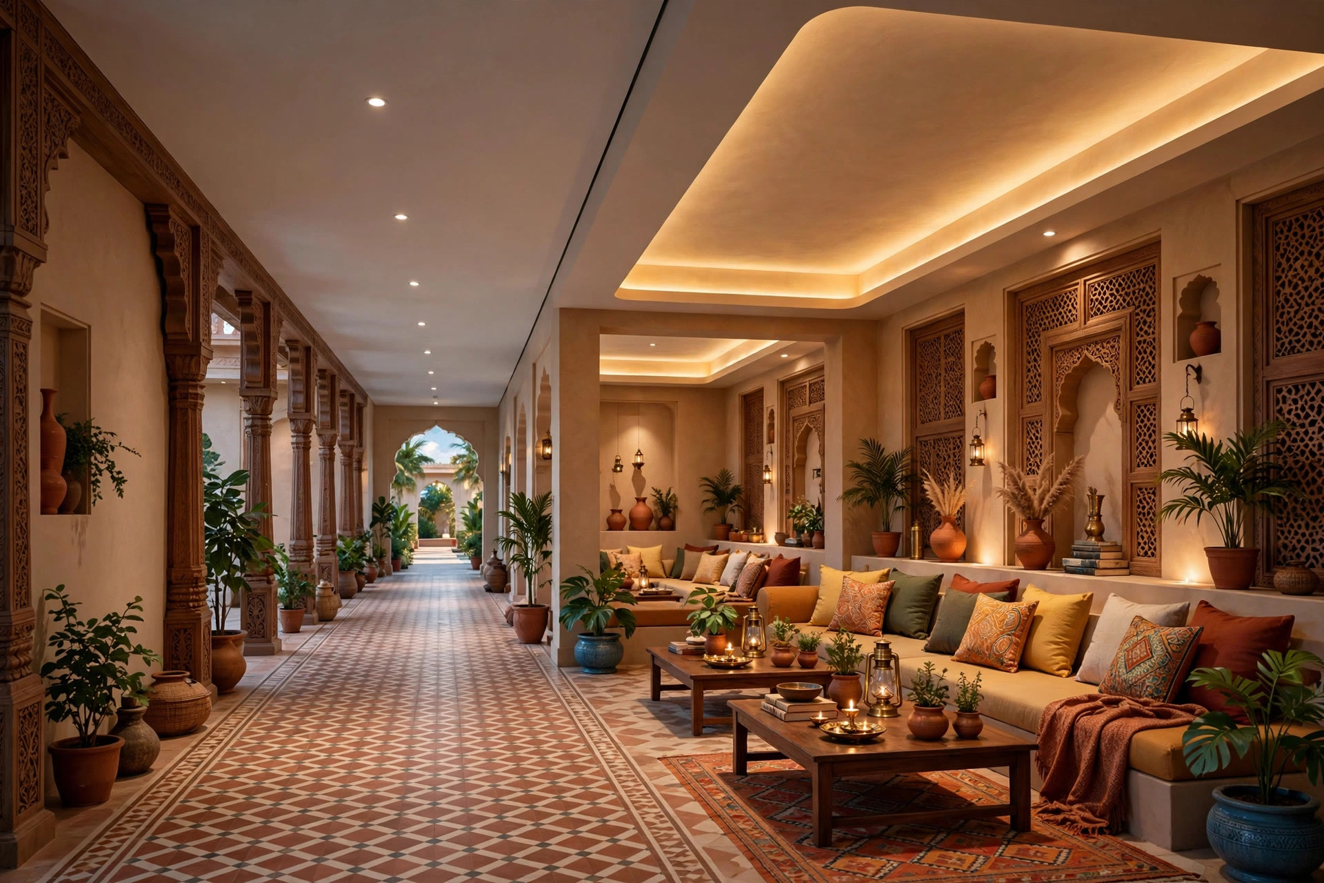 Long hall with a zoned ceiling: cove over the seating area, simpler flat stretch over the walkway