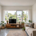 Bright living room with a plain white painted slab ceiling and no false ceiling, daylight from large windows